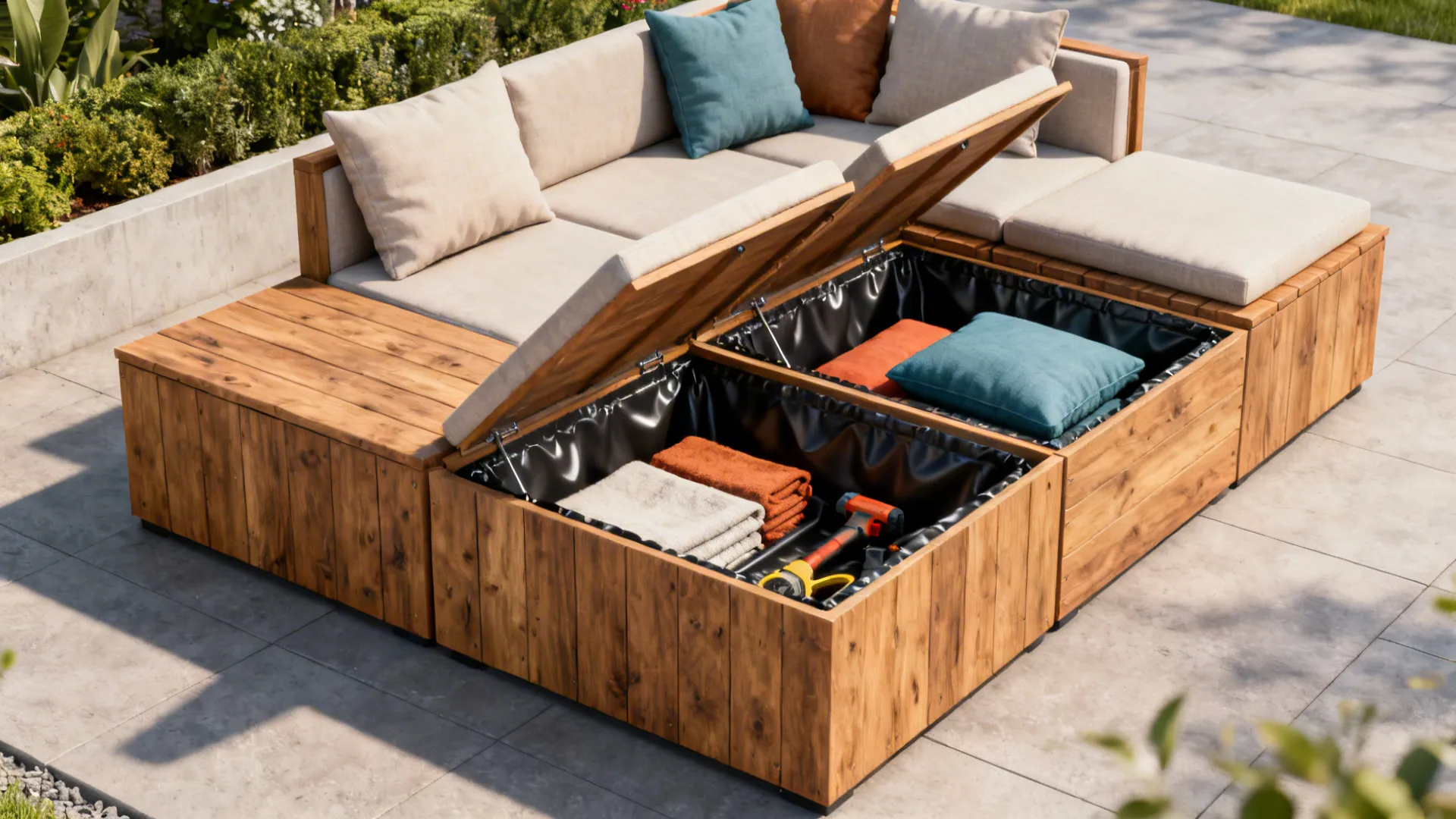 Modular seating boxes with removable cushions and waterproof liners on a patio