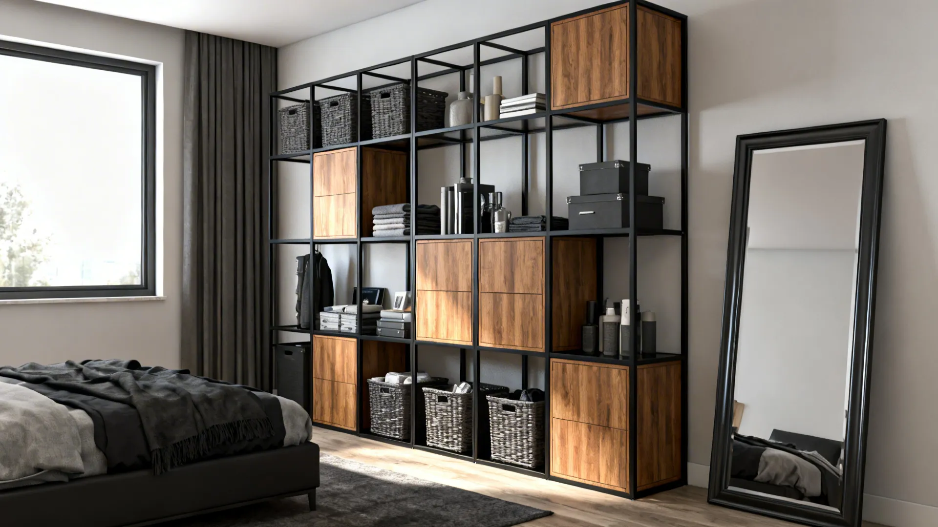 Modern bedroom with industrial metal storage unit wood cabinets black bed and large floor mirror