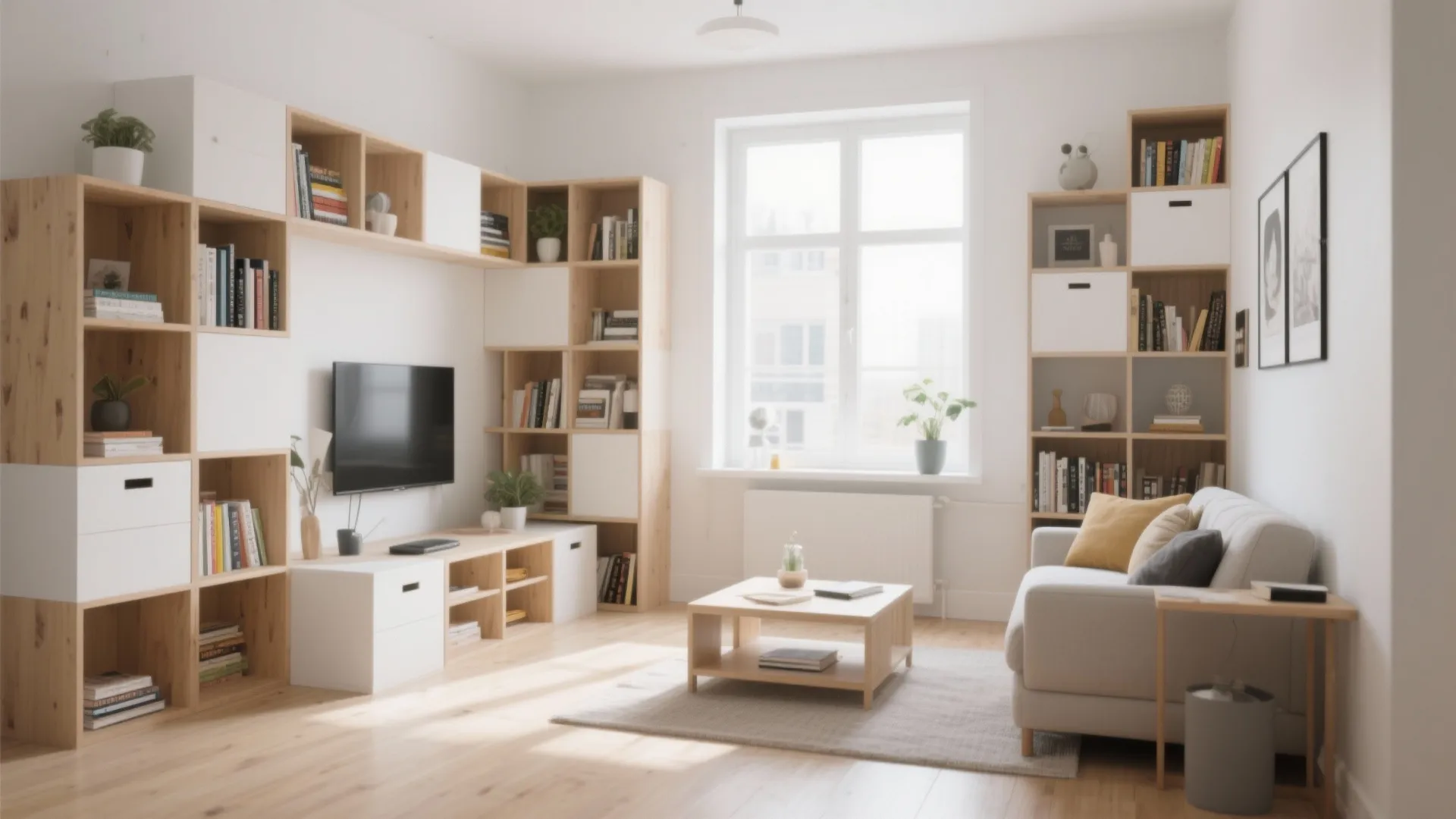 Modern living room with modular storage cubes, television, sofa, coffee table, rug, and a window