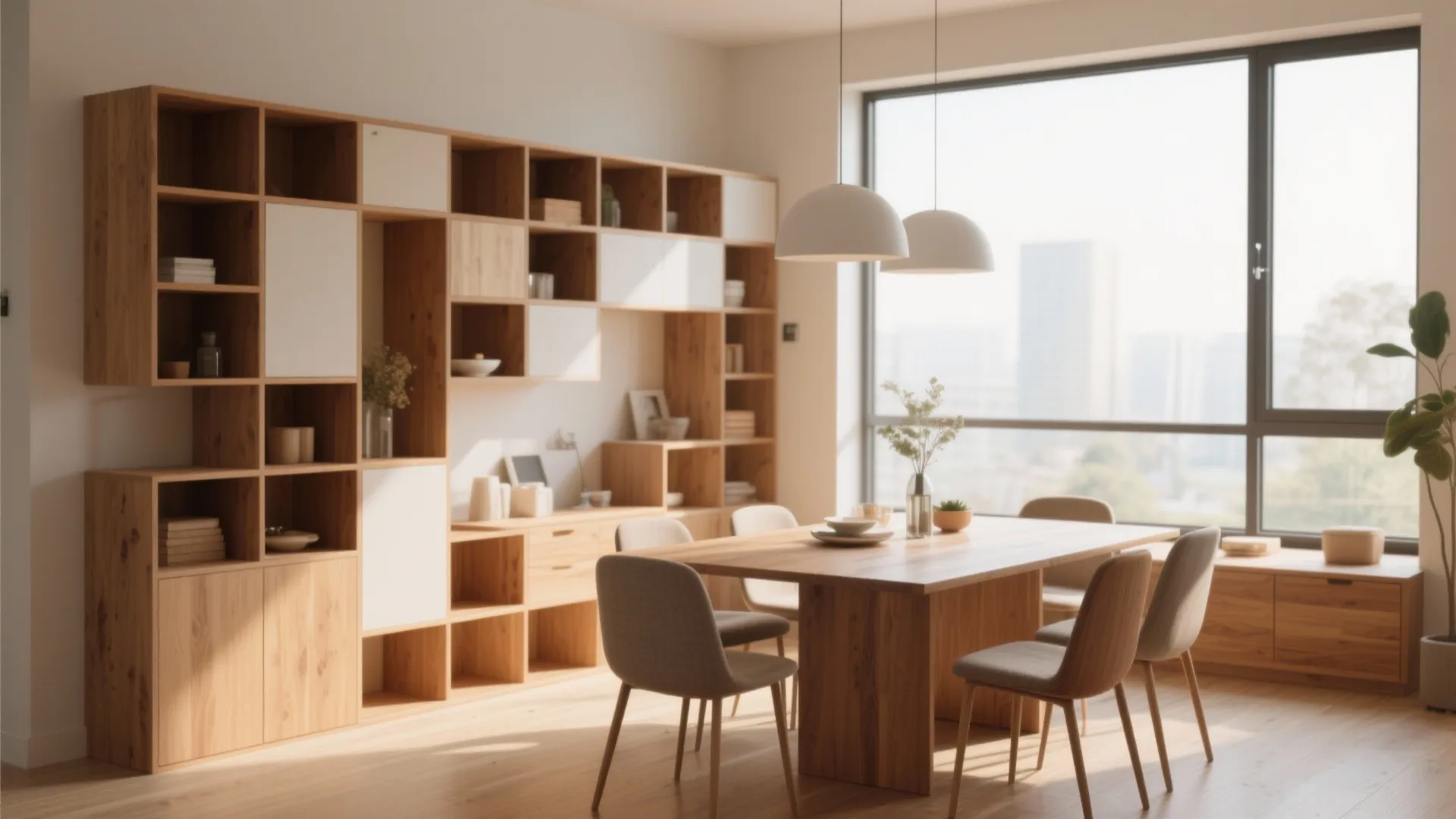 Dining room with modular storage units in warm neutral tones
