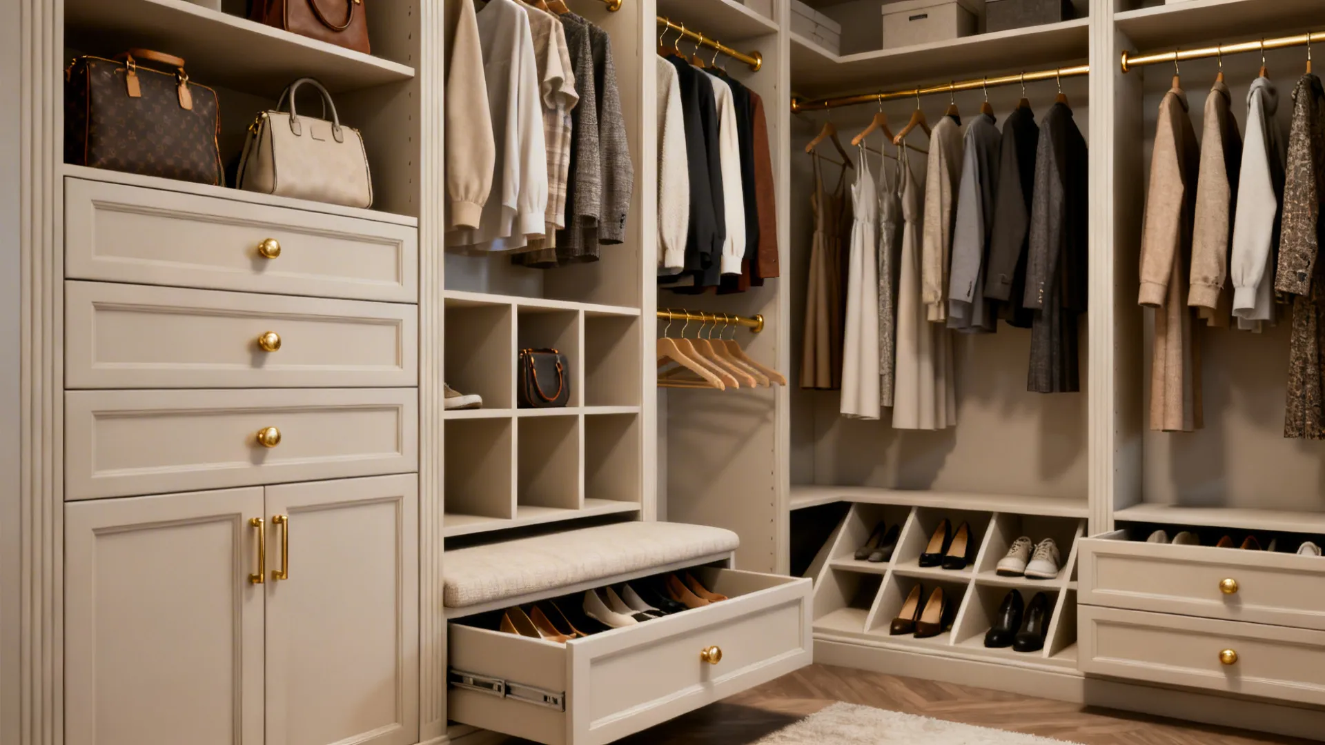 Modular closet with a mix of drawers, cubbies, adjustable rails, angled shoe shelves and under-bench storage.
