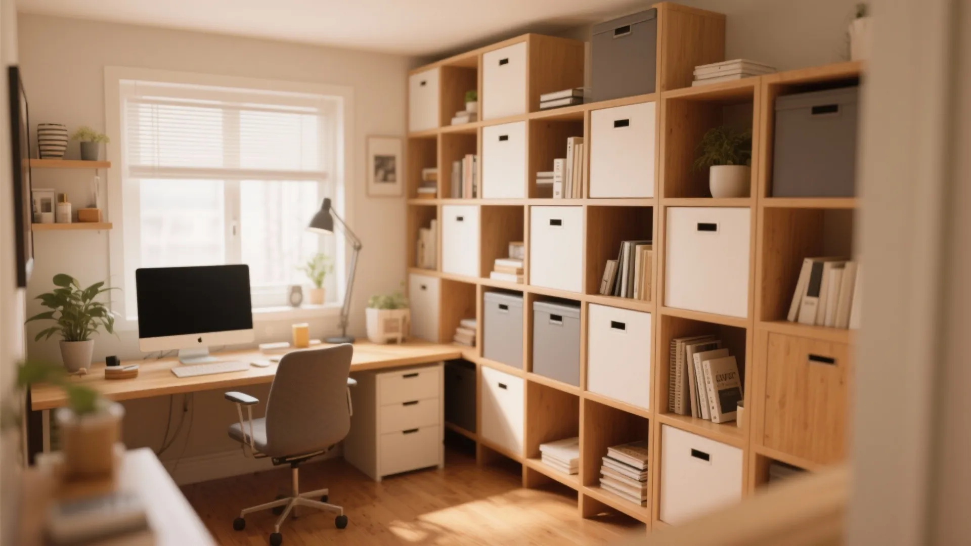 Home office room with large wooden storage wall, white boxes, desk, computer, chair, and window
