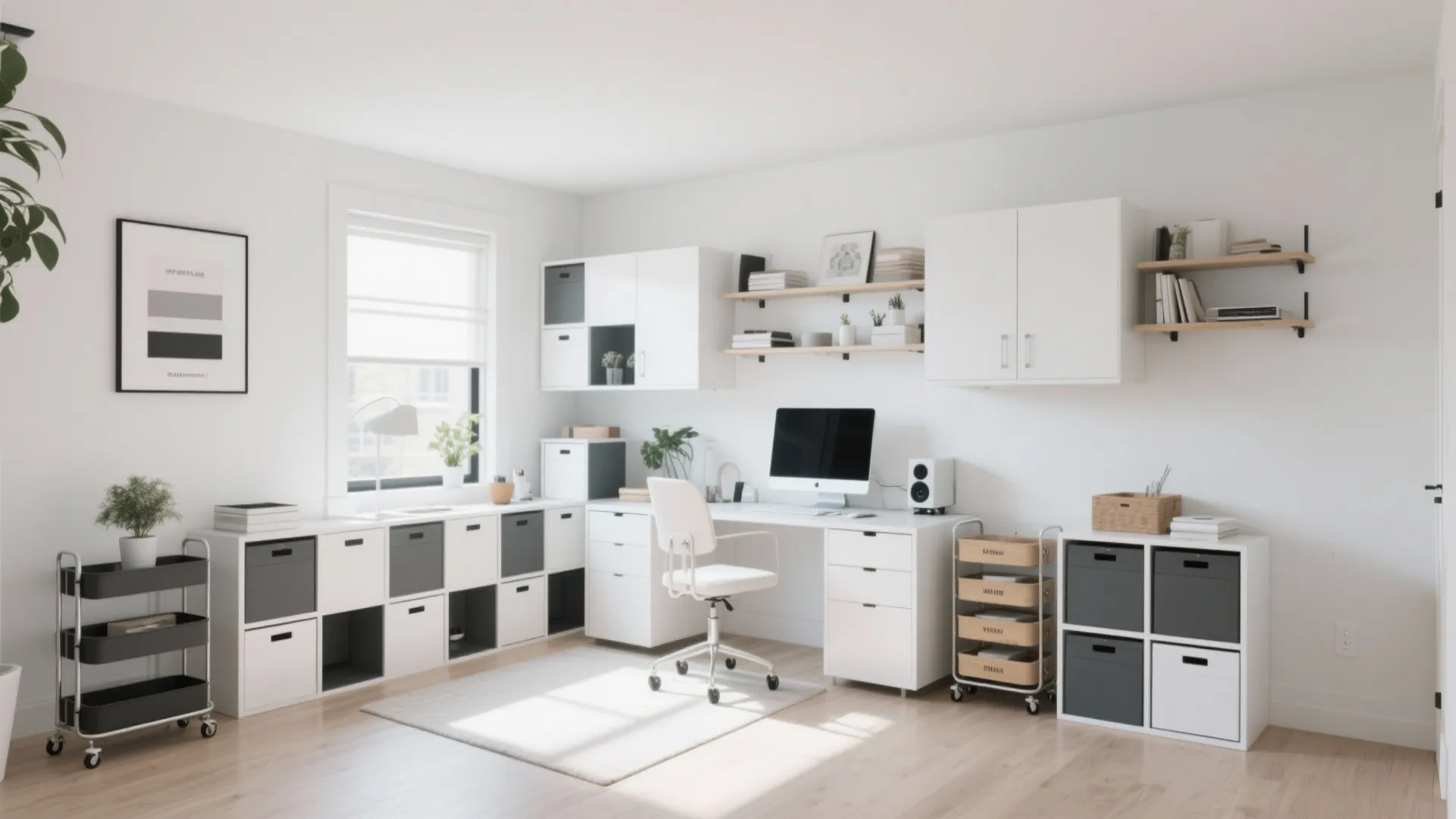Clean white home office with computer desk white chair and many white and grey storage cabinets