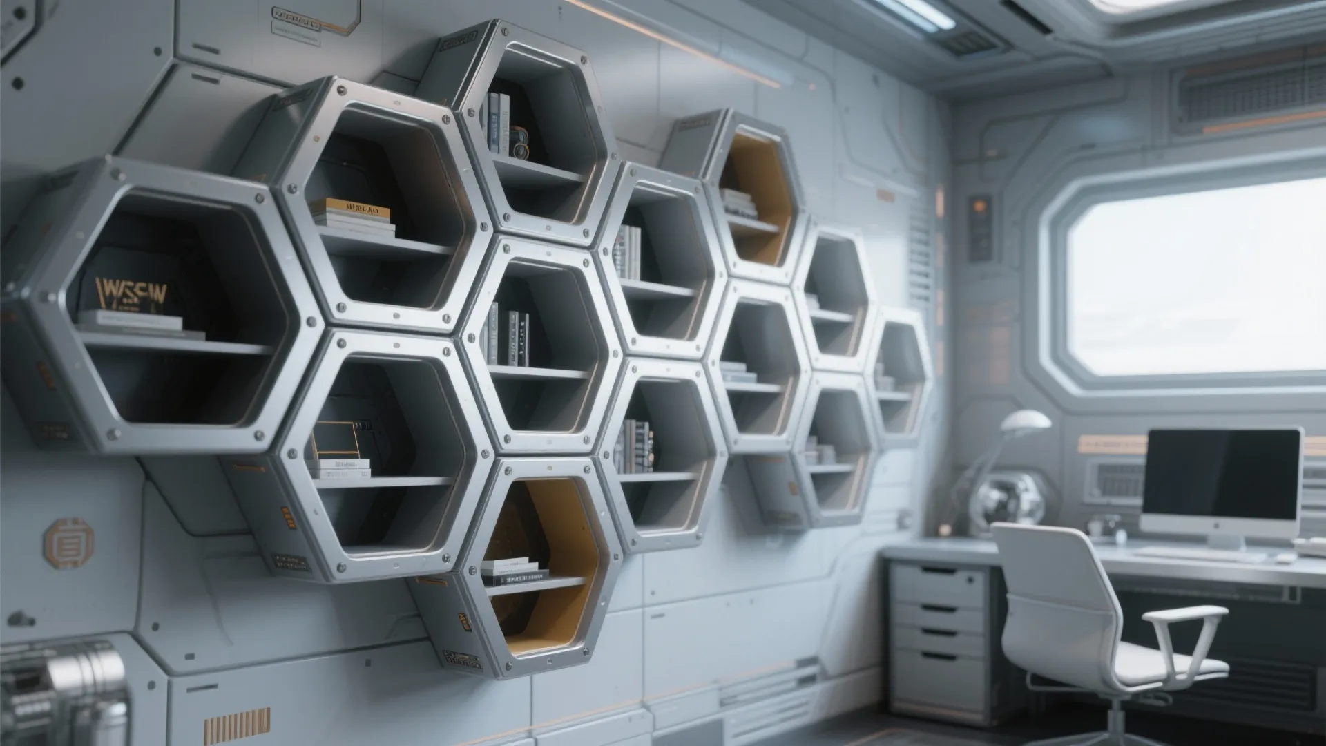 Futuristic home office with hexagon wall storage units white desk chair and computer screen display