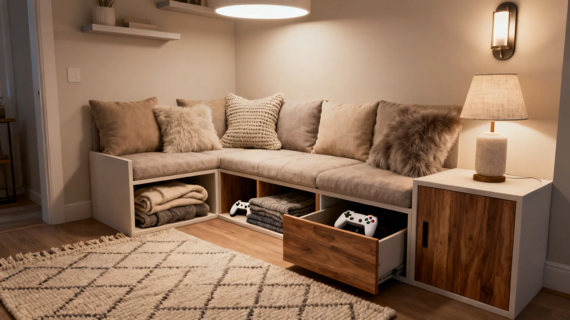 Compact modular loveseat with built-in storage and soft pillows in a small living room.