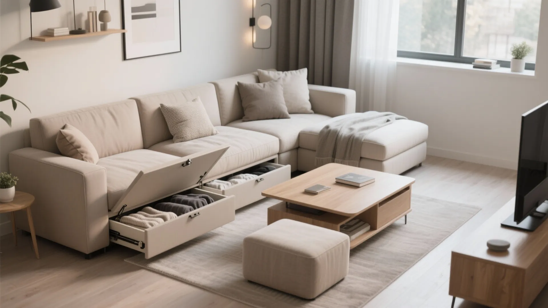Beige sectional sofa with open storage drawers containing folded clothes in bright modern living room