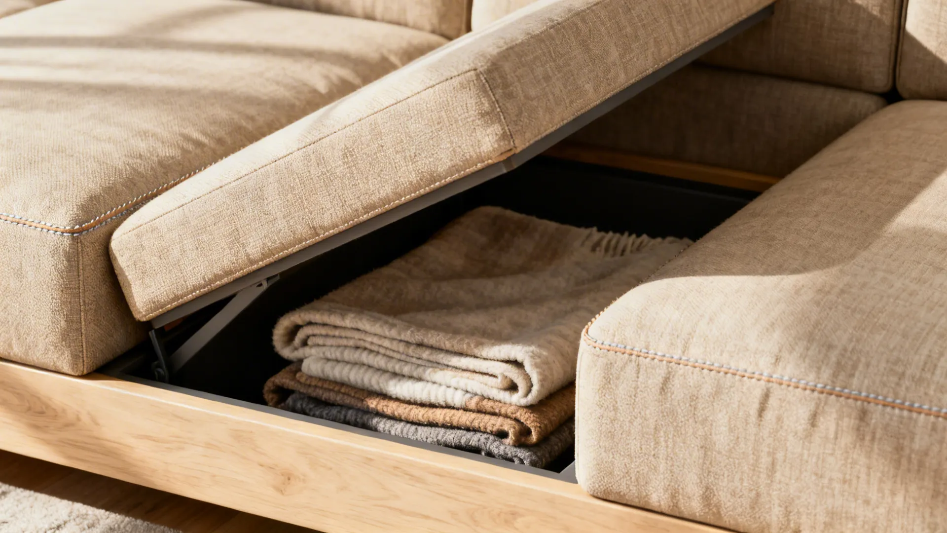 Close-up of a modular sofa with lift-up storage compartment holding blankets.