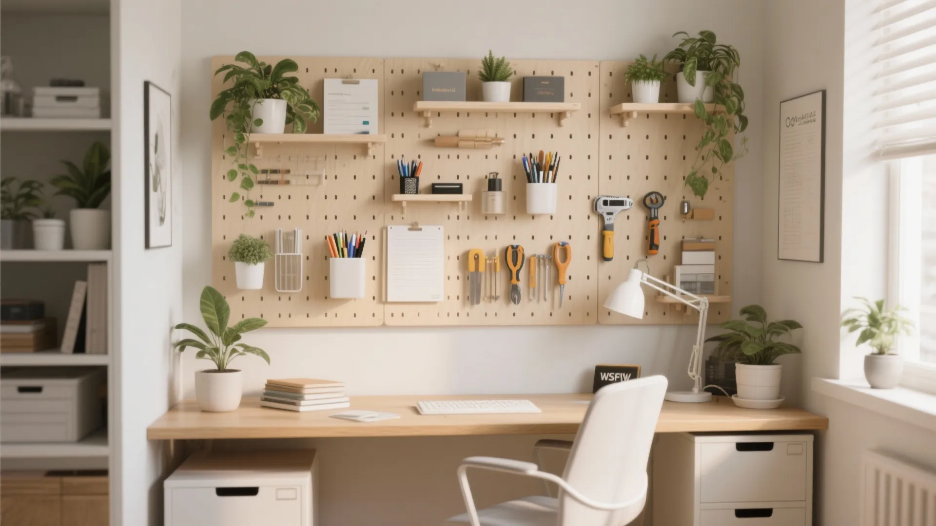 Home office desk with wooden wall pegboard storage for tools plants pens and office supplies