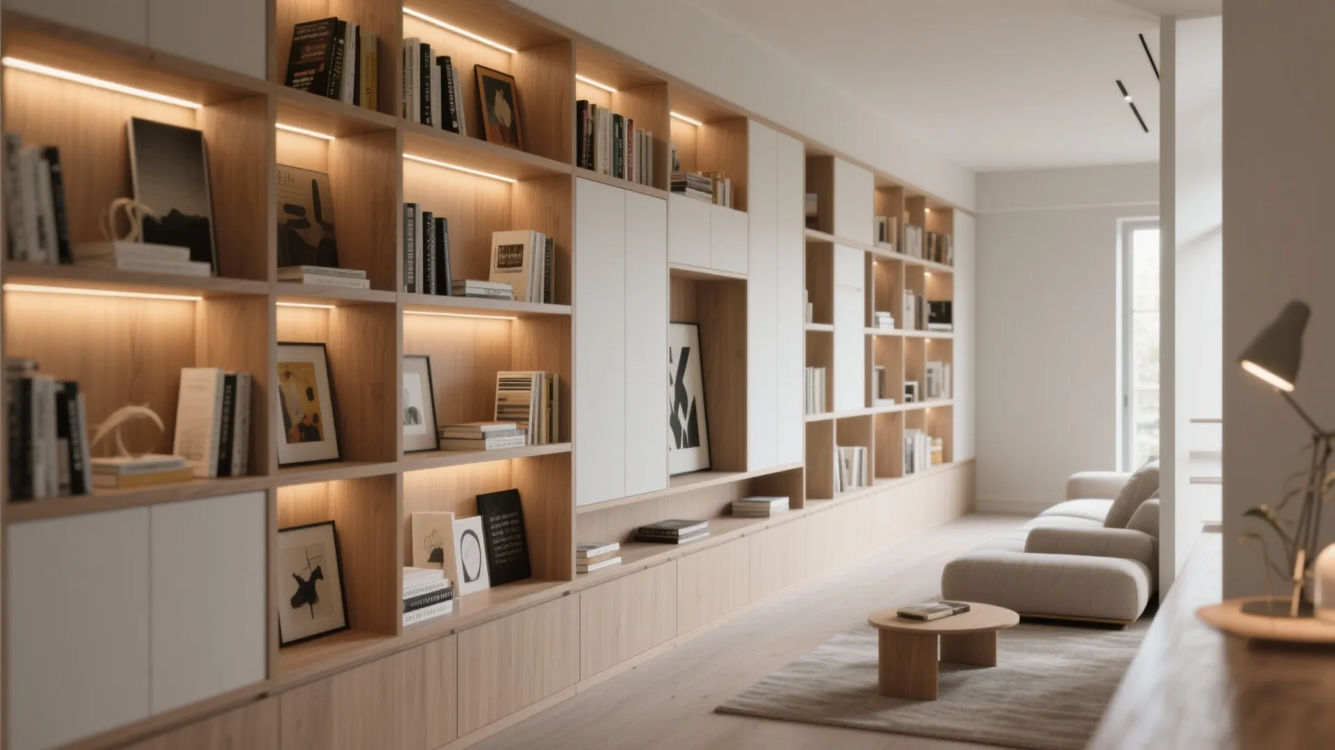 Large wooden wall cabinet with built in light fixture and shelves filled with books and