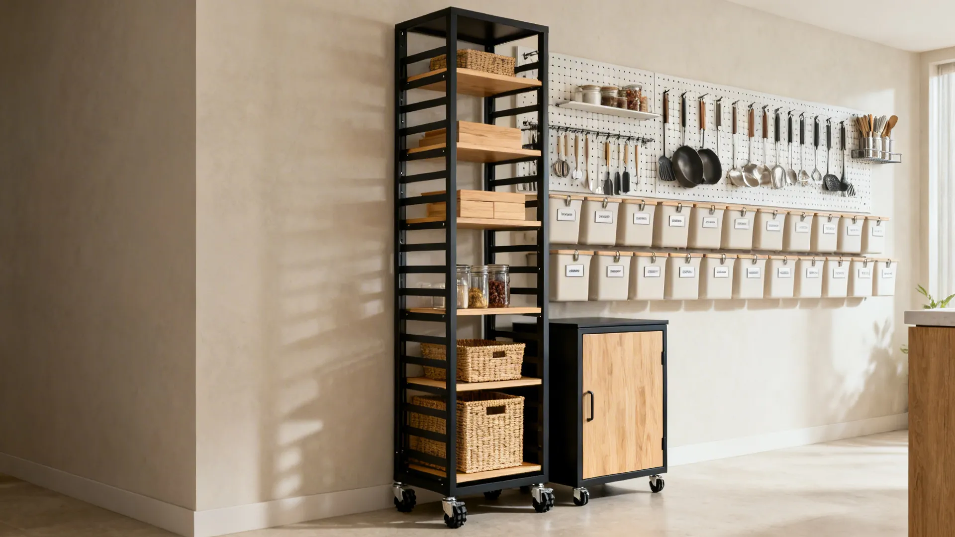 Modular storage wall with metal racks, pegboard, and a slim pantry on casters in a 5x7 kitchen.