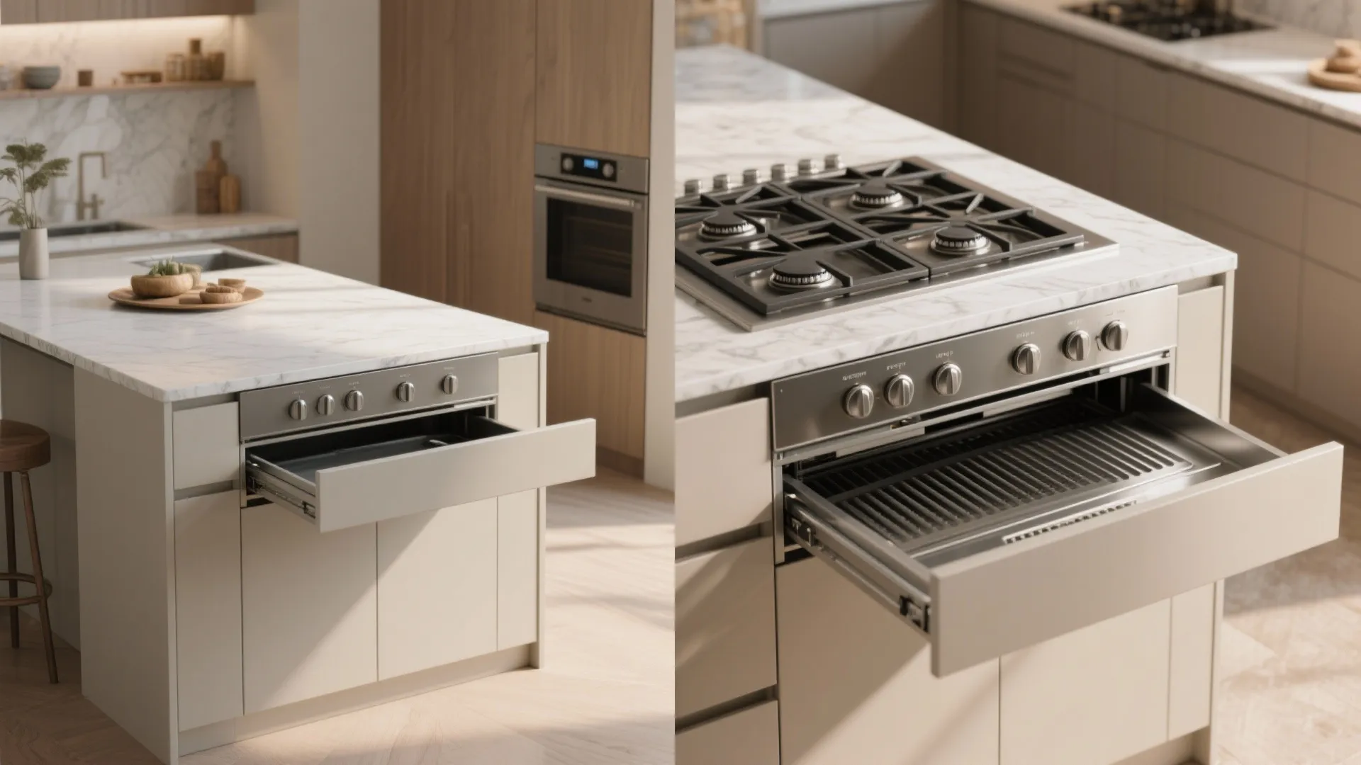 Kitchen island with marble top gas stove and an open drawer showing a grill rack