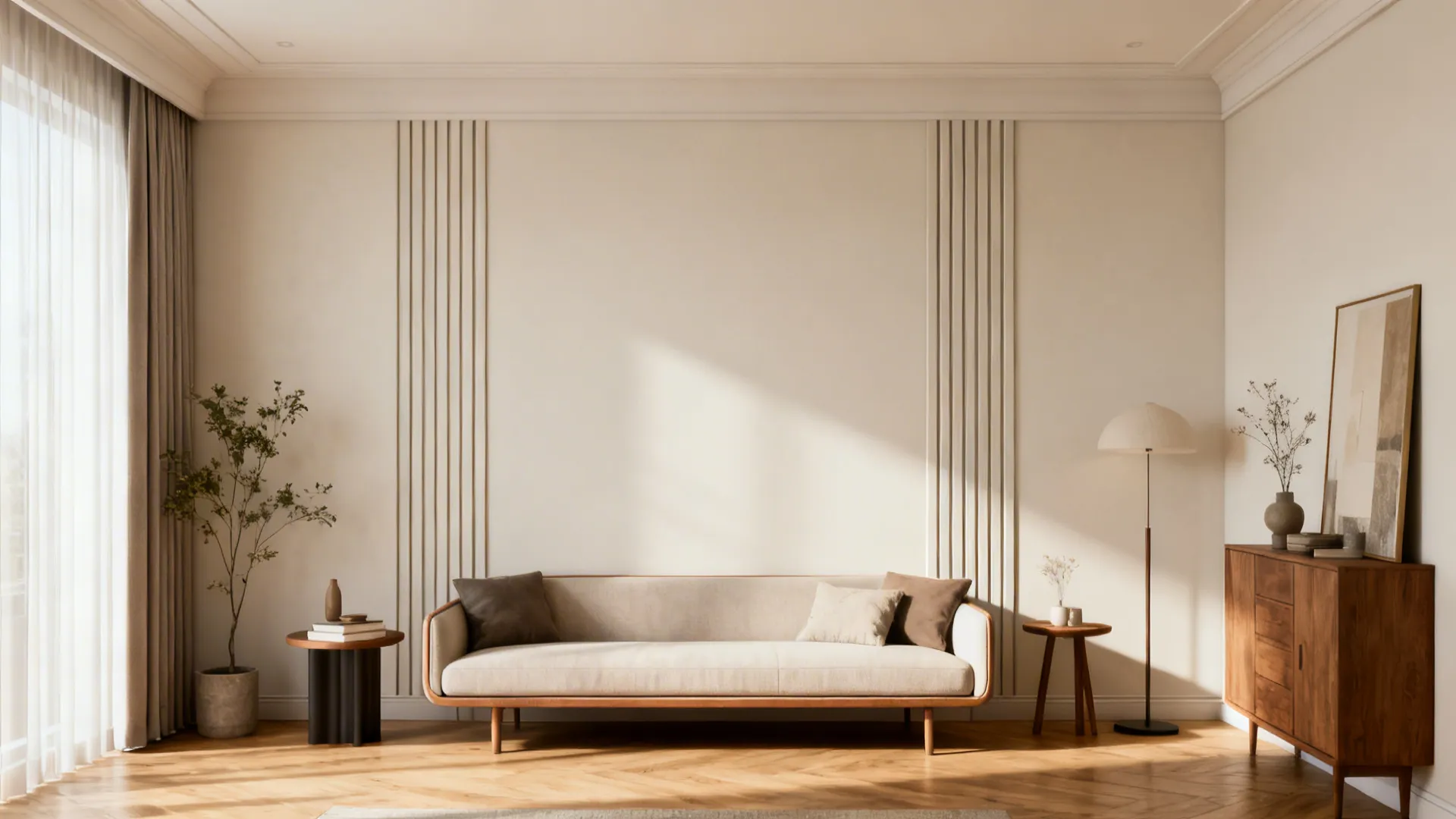 Vertical modular strip decals on a neutral living room wall creating a taller feel.