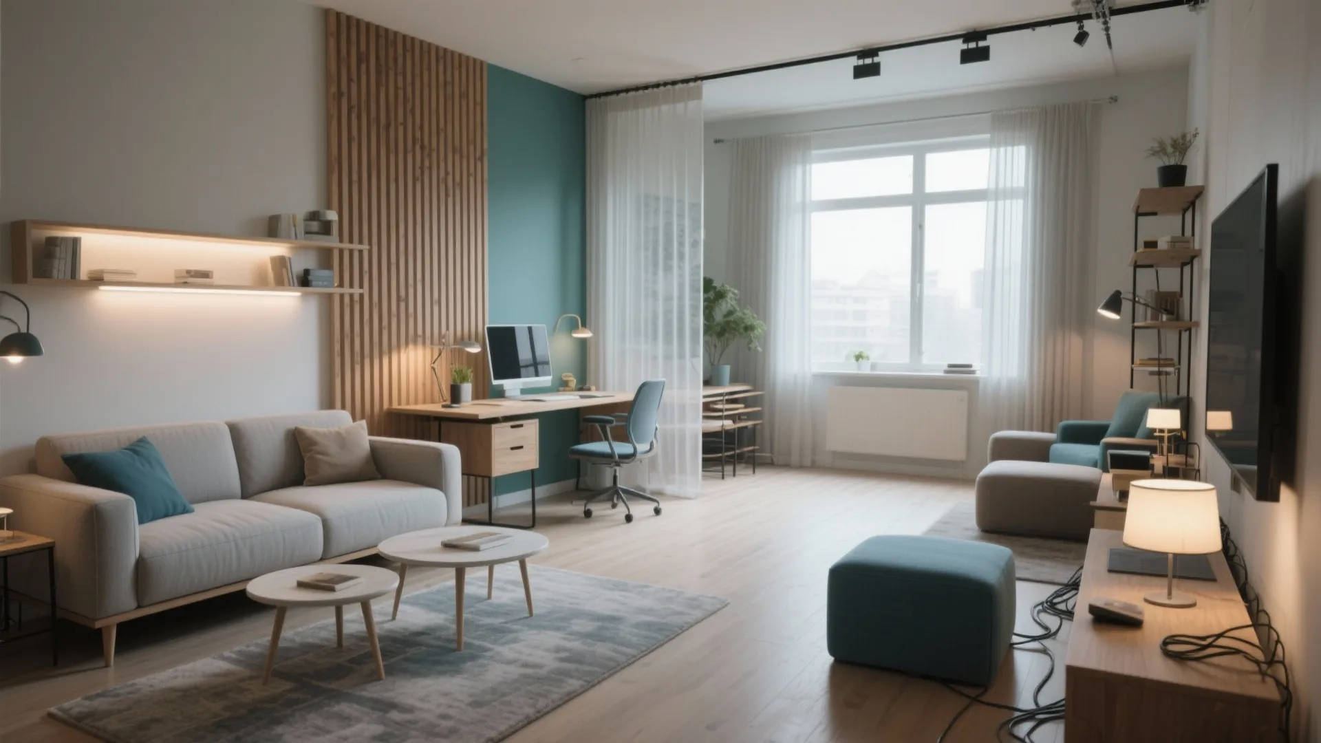 Modern studio apartment with grey sofa wooden wall panel desk area large window and television