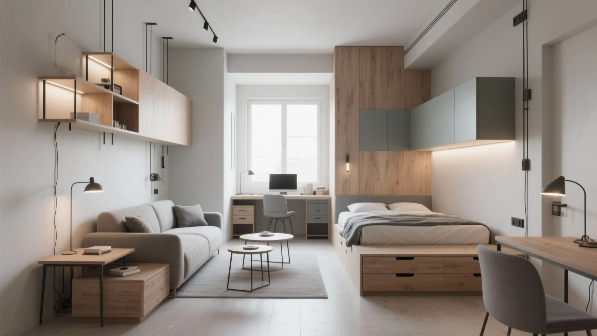 Modern studio apartment layout with grey sofa bed storage wooden desk wall lights and window