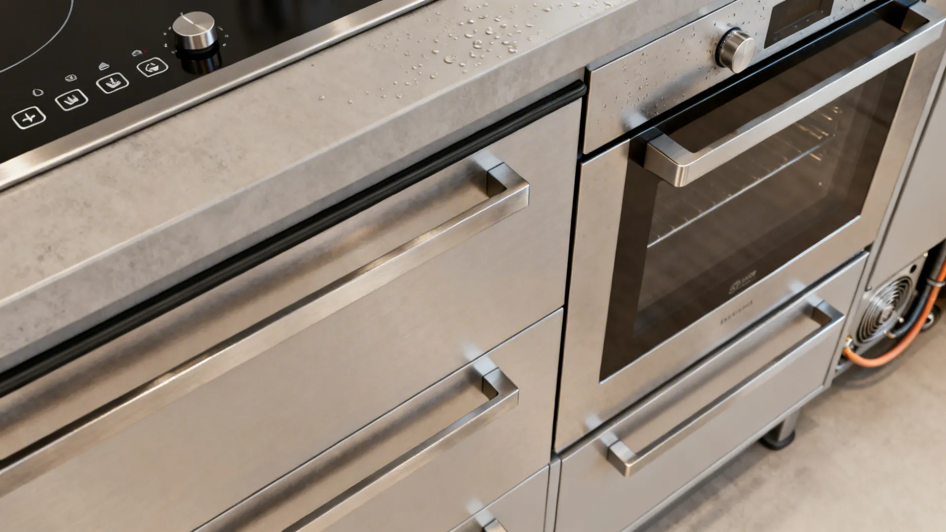 Modern stainless steel kitchen cabinets featuring a built-in oven and a black electric stove top