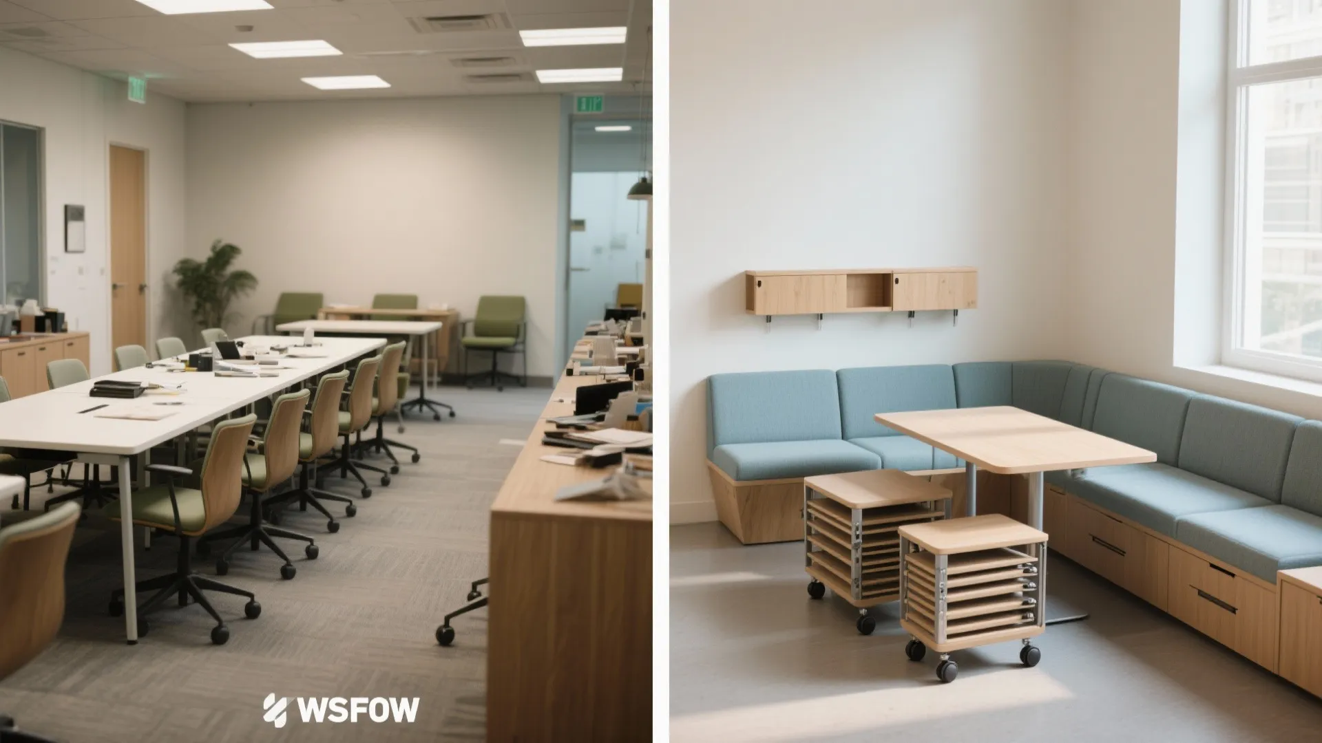 Modern office space with long conference table plus modular blue sofa and wooden furniture design