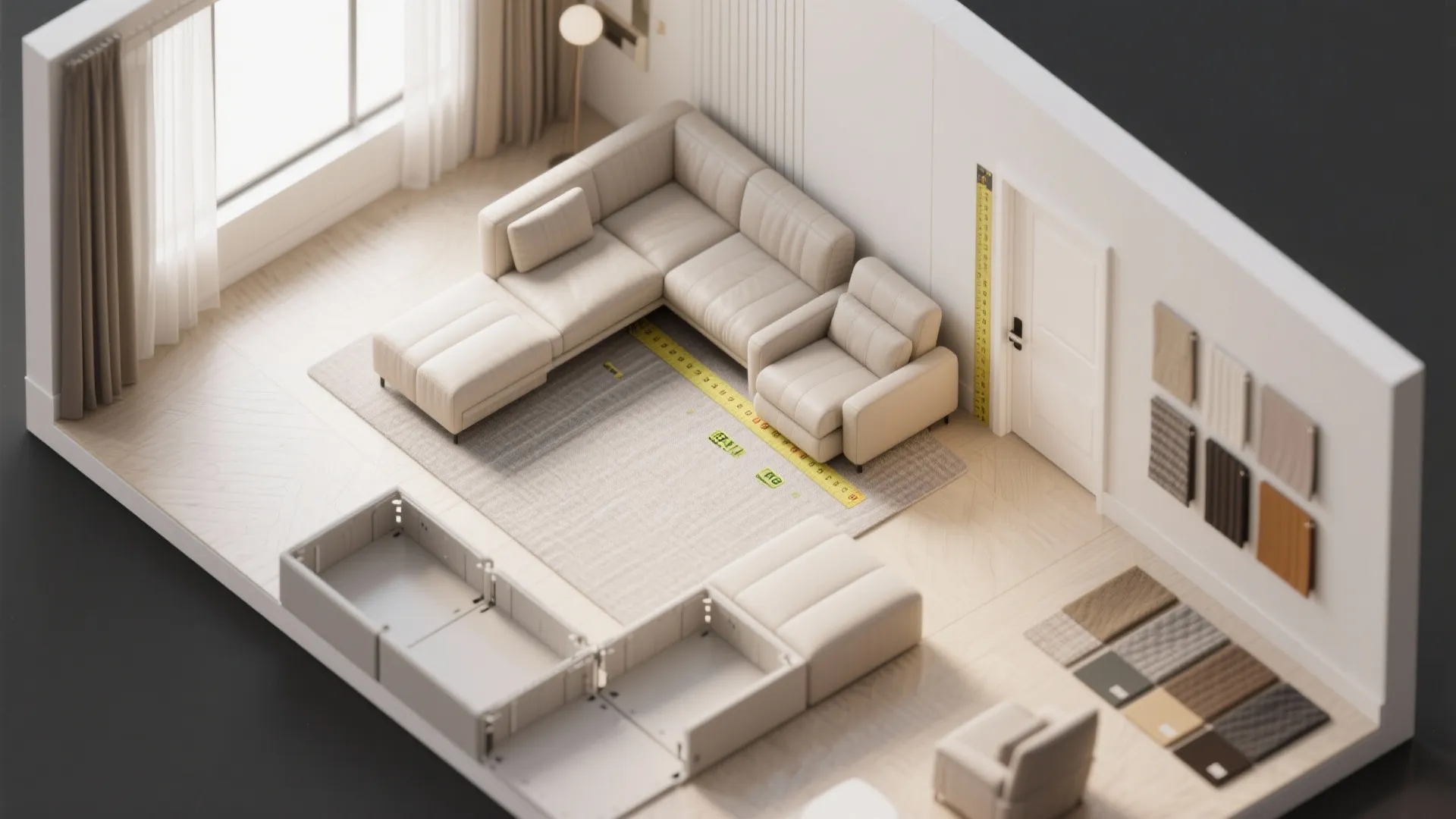 Top-down planning view showing modular sectional pieces, an armless module and a single recliner module with clearance markings.