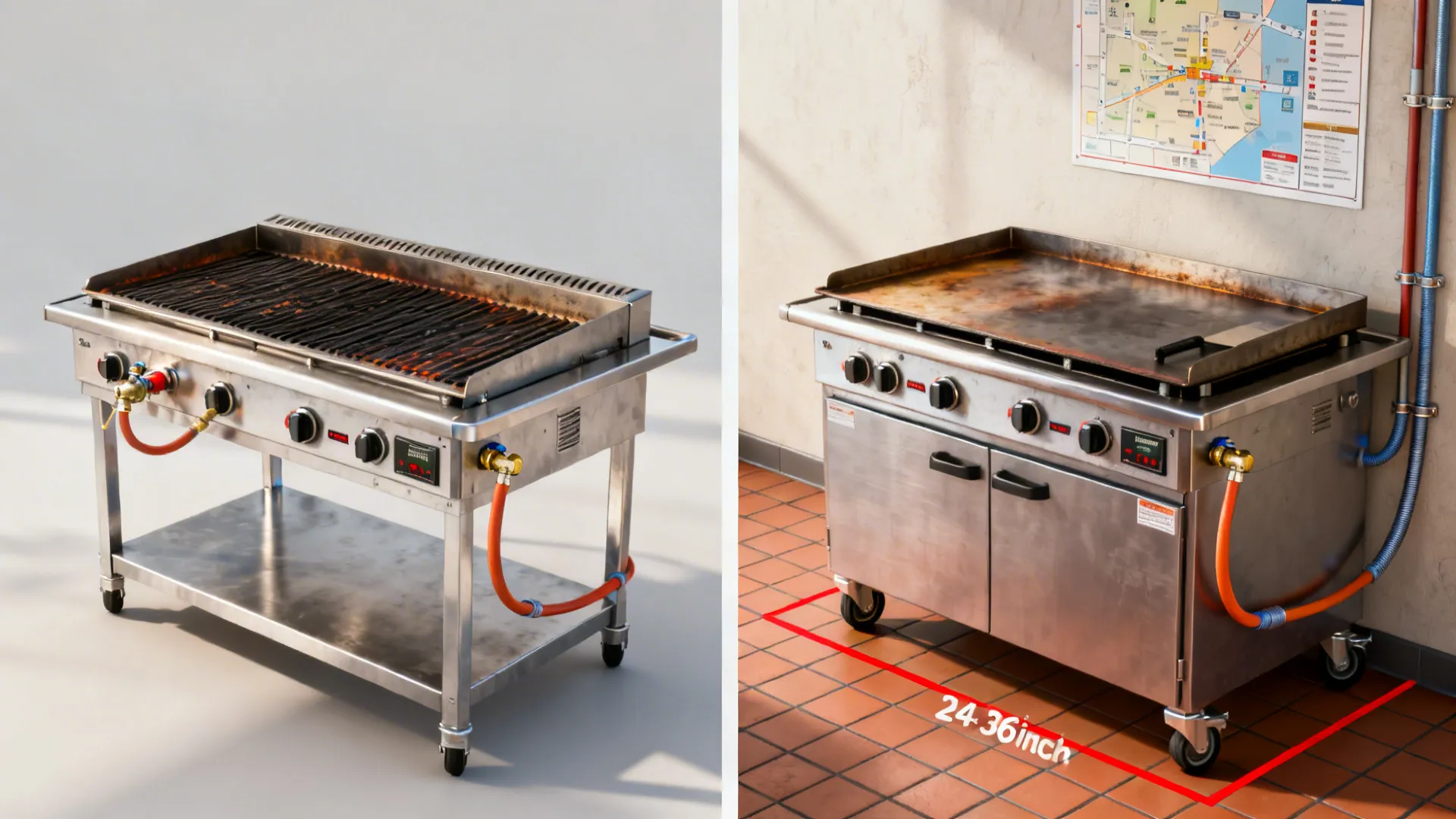 Before-and-after of a modular station swapping a charbroiler for a plancha with quick-connects.
