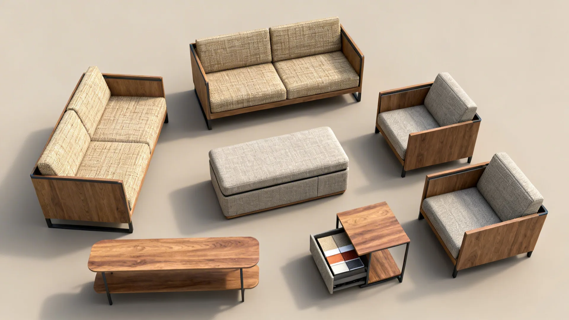 Top-down layout of modular seating components and fabric and wood swatches for a cohesive 7-piece set.