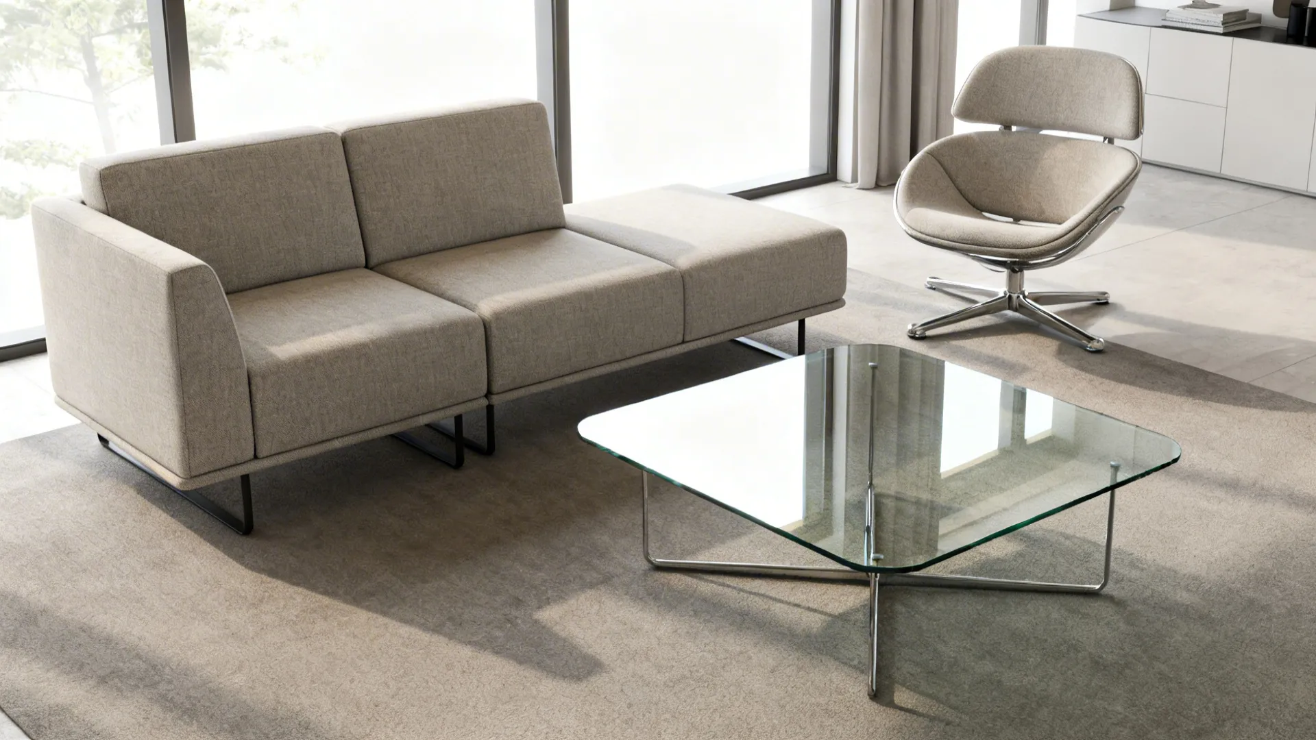 Modular two-seat sofa with a swivel chair and glass-top coffee table in a bright compact living room.