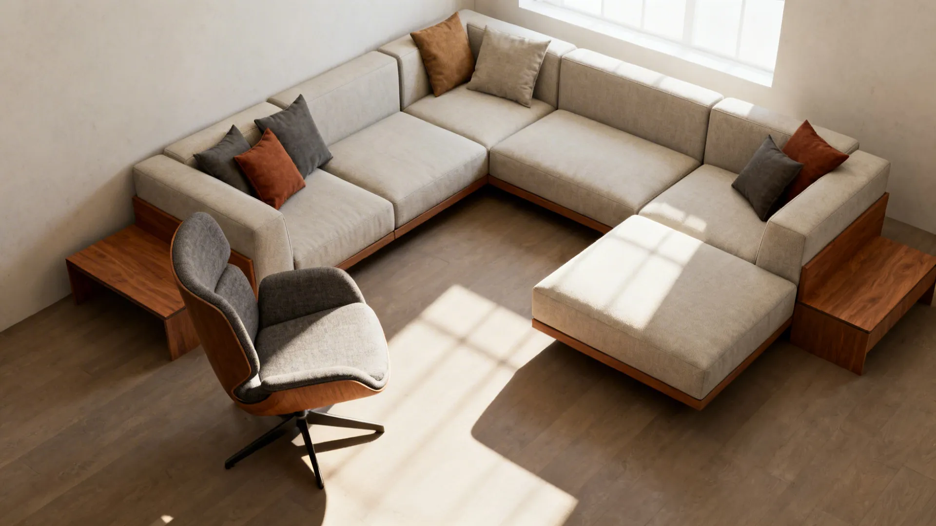 2. Modular sofa with a single swivel chair