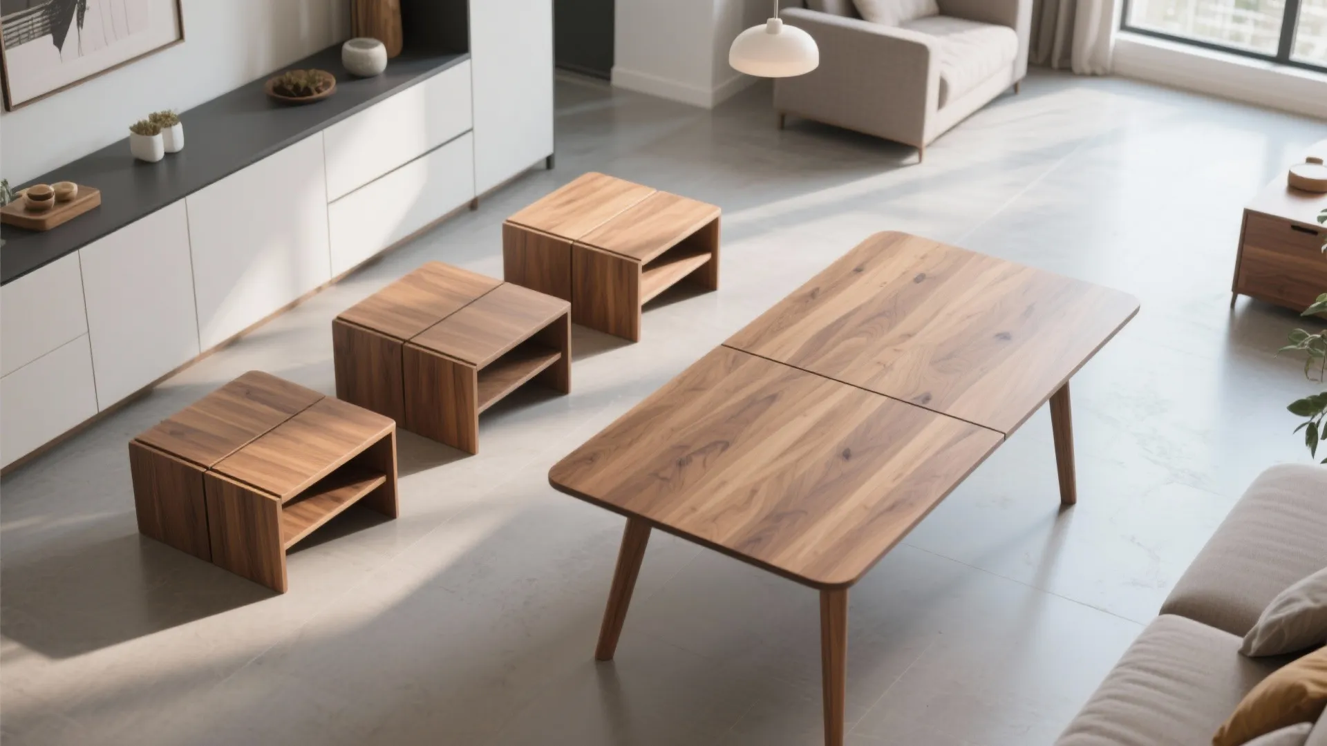Modern living room showing a large wooden table with three matching small square wooden tables