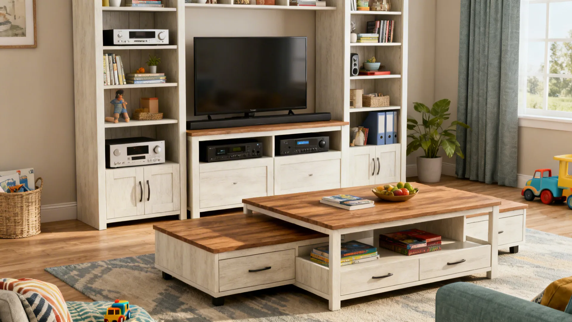 Family room with modular coffee table pieces and a tall multi-shelf TV cabinet offering storage and display.