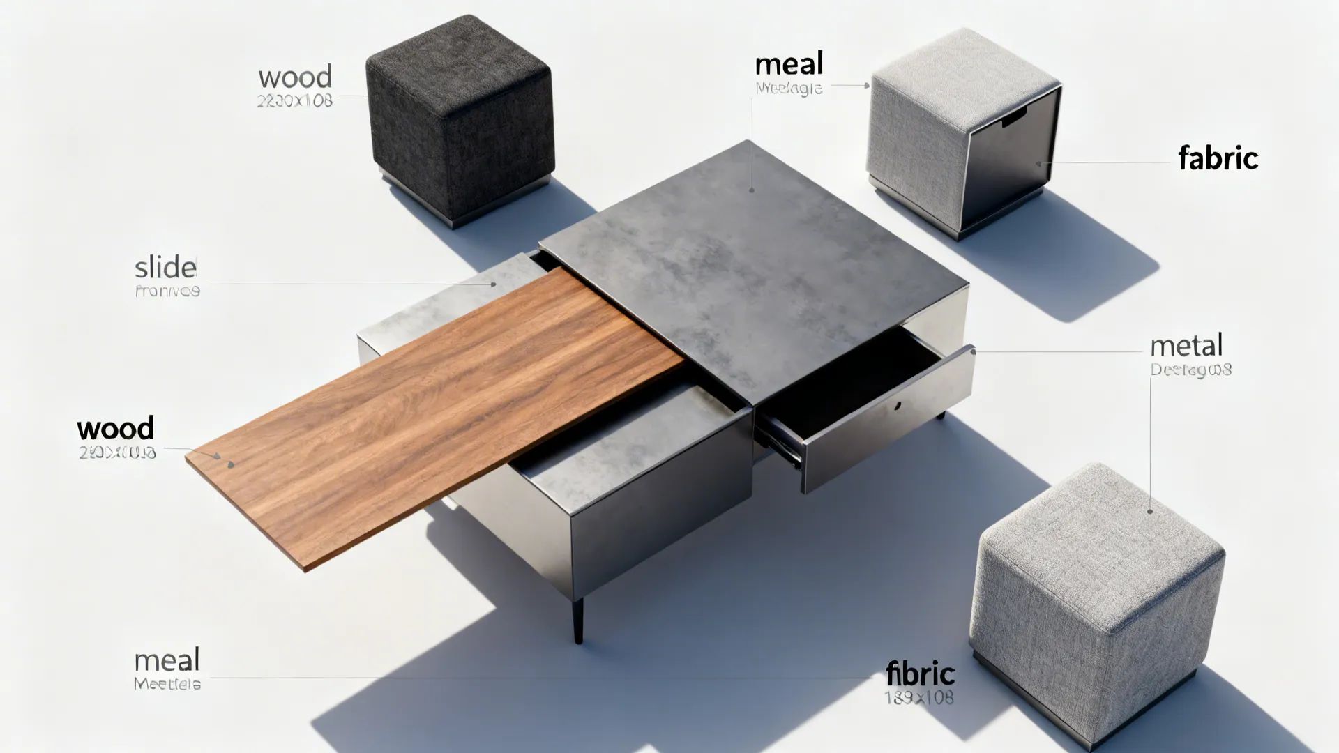 Top-down view of a modular coffee table showing configurable pull-out surfaces and storage cubes