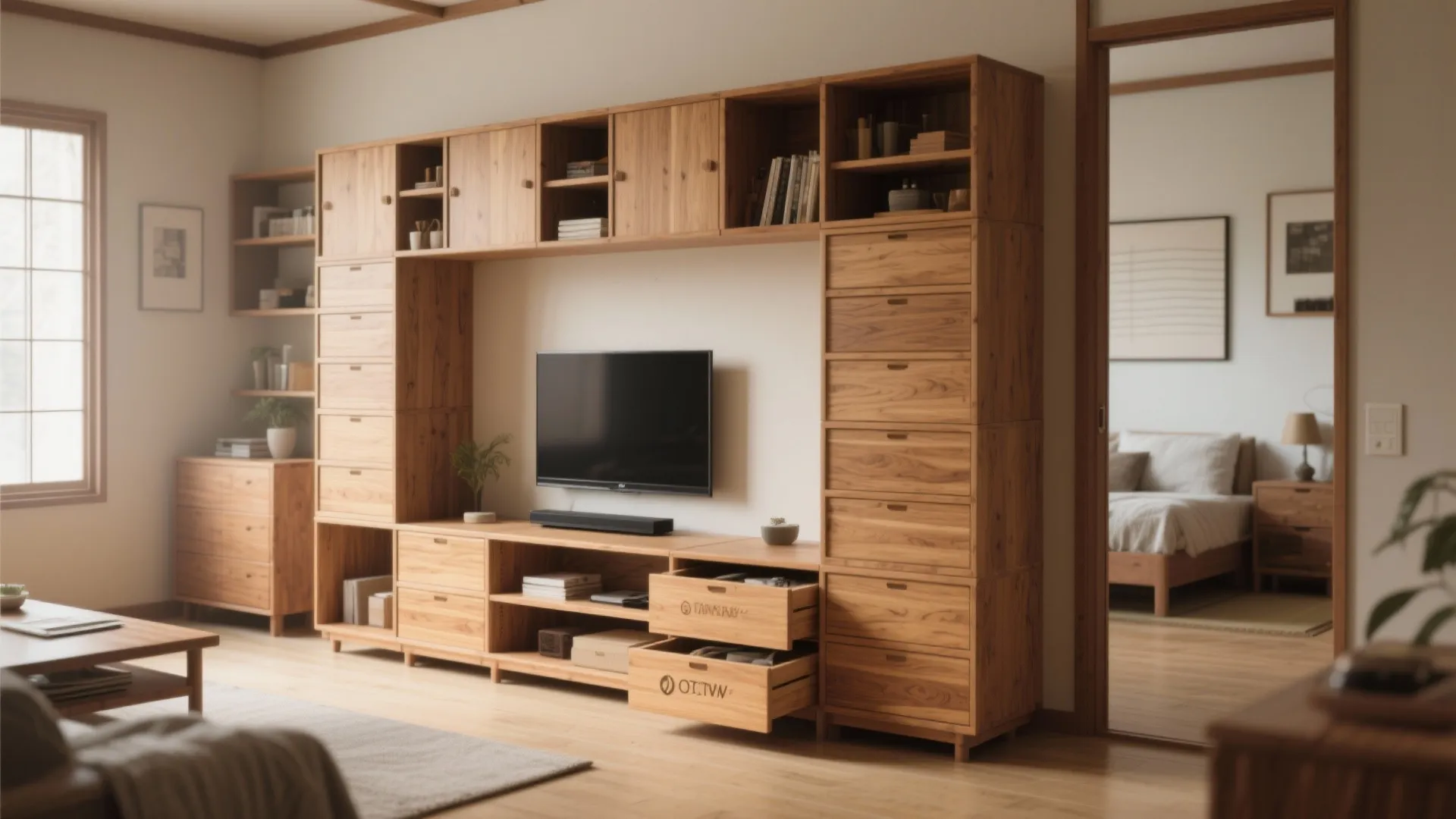 Large wooden wall cabinet unit with television storage and many drawers in a bright room