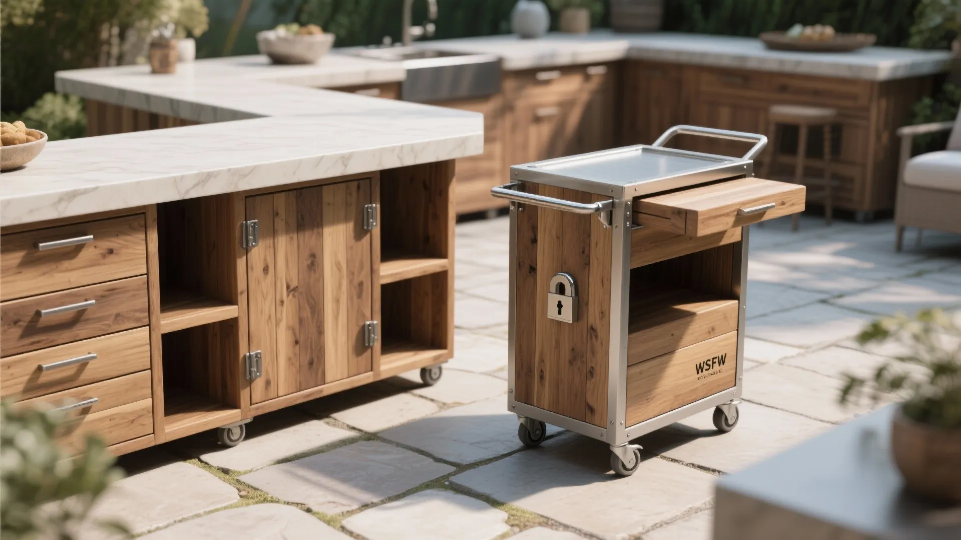 5. Modular teak counters and mobile prep carts