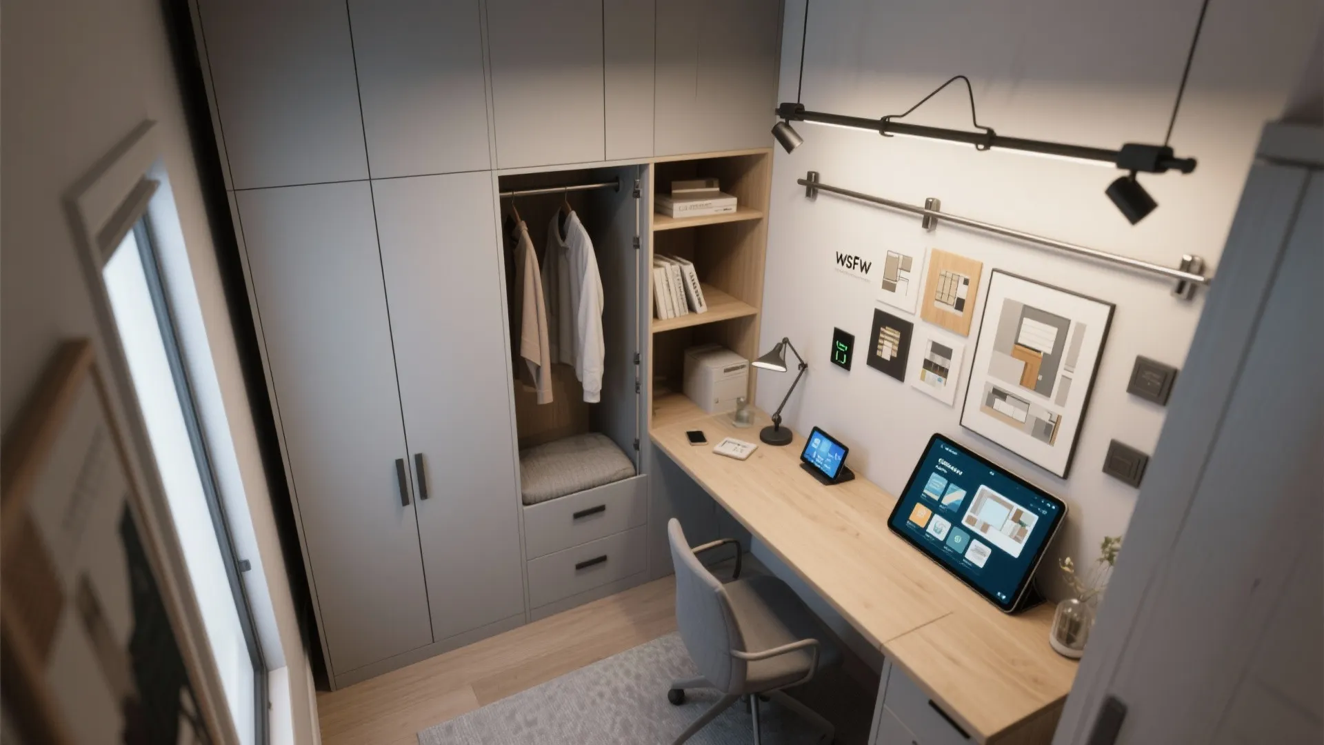 Modern small home office with grey wardrobe wooden desk grey chair and smart tablet display