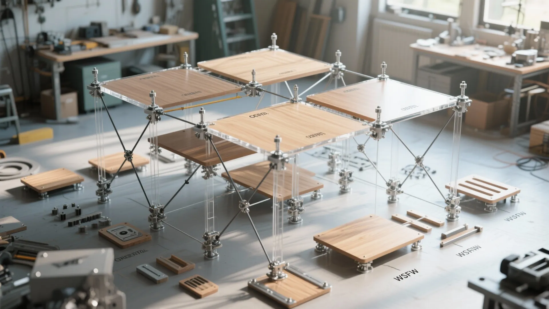 Modern modular shelving unit design with wooden boards and metal frame structure in workshop setting room