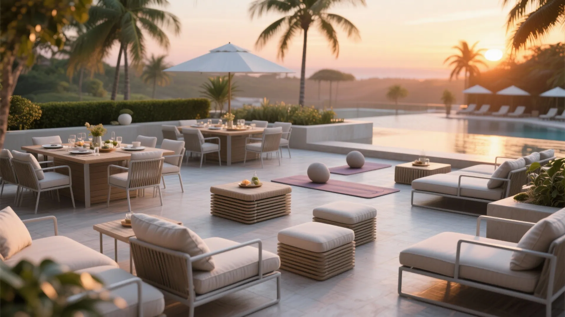 Private terrace with modular outdoor furniture, quick-dry cushions and tropical resort view