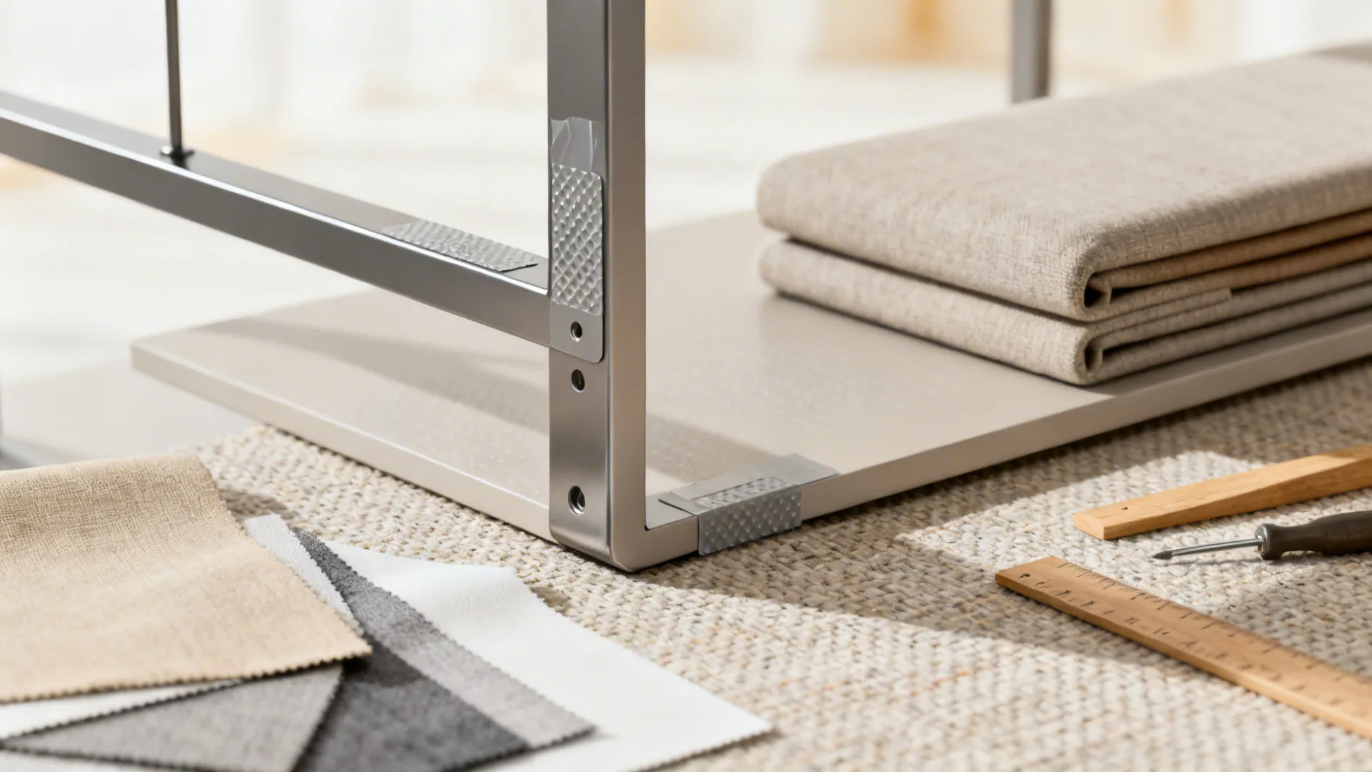Modular furniture samples and peel-and-stick shelf details for renter-friendly bay upgrades