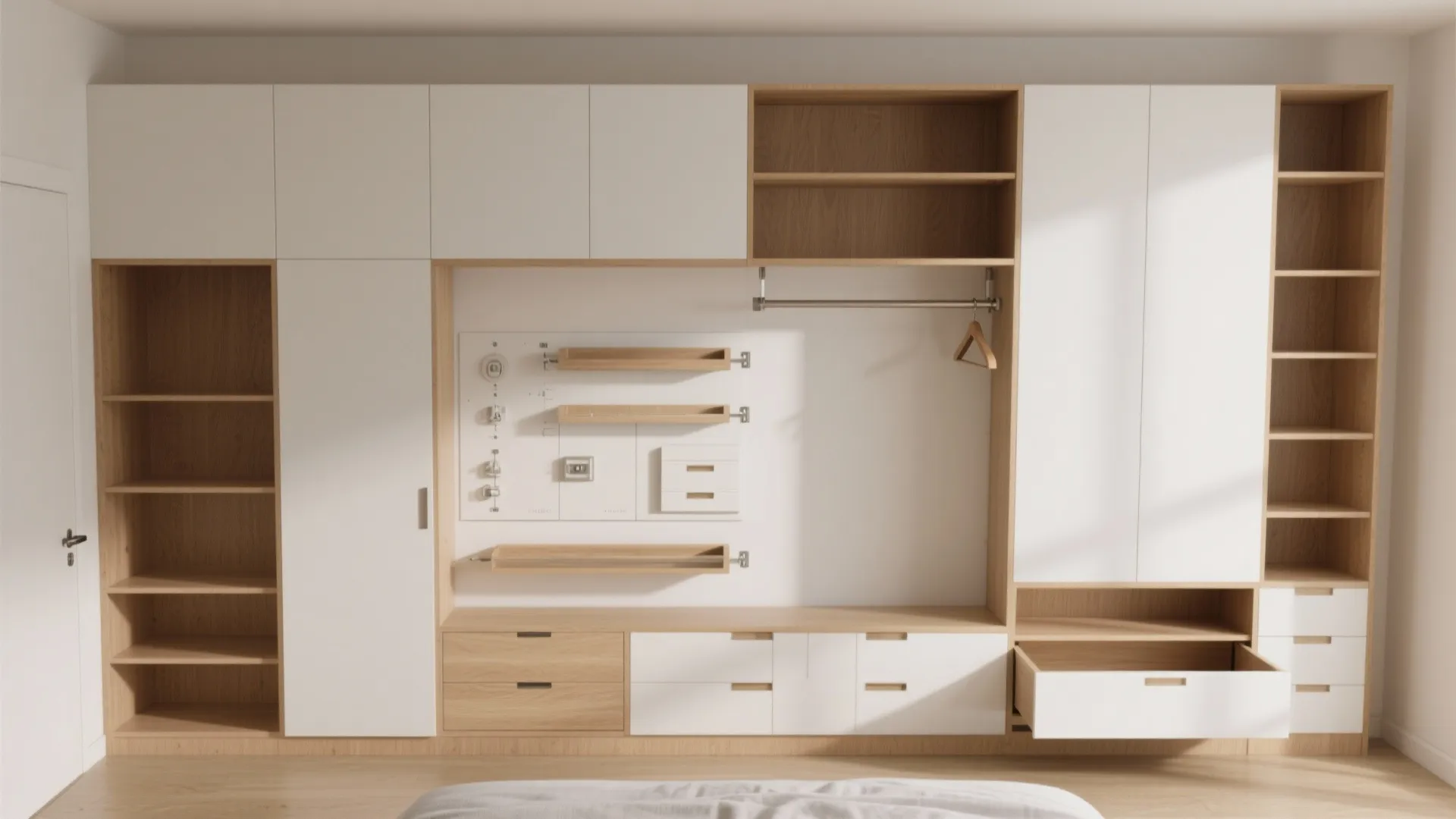 Modern white and wood storage system featuring open shelves, closed cabinets, drawers, and a hanger