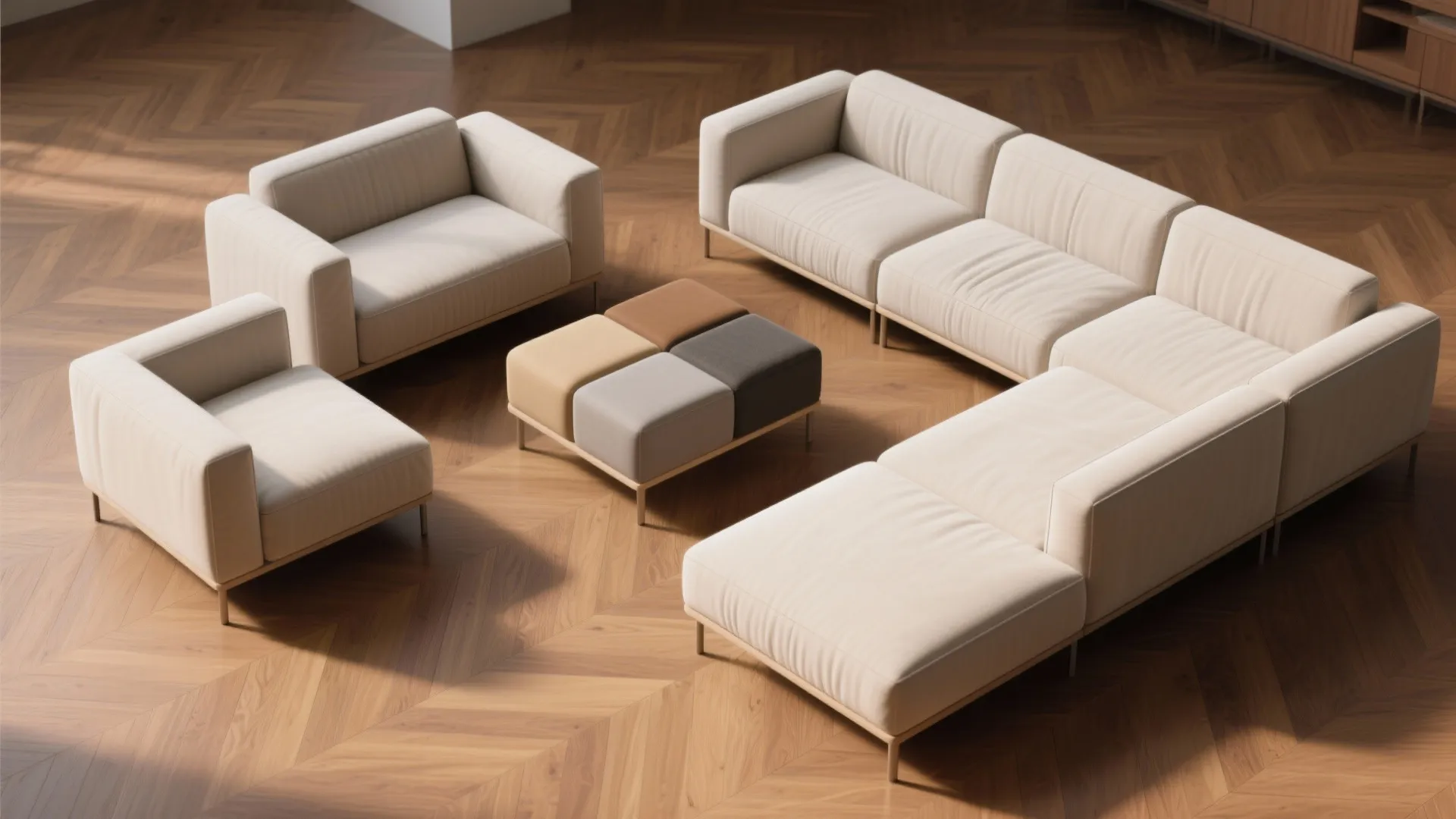 Top-down view of modular sectional pieces arranged in alternate configurations for a small living room.
