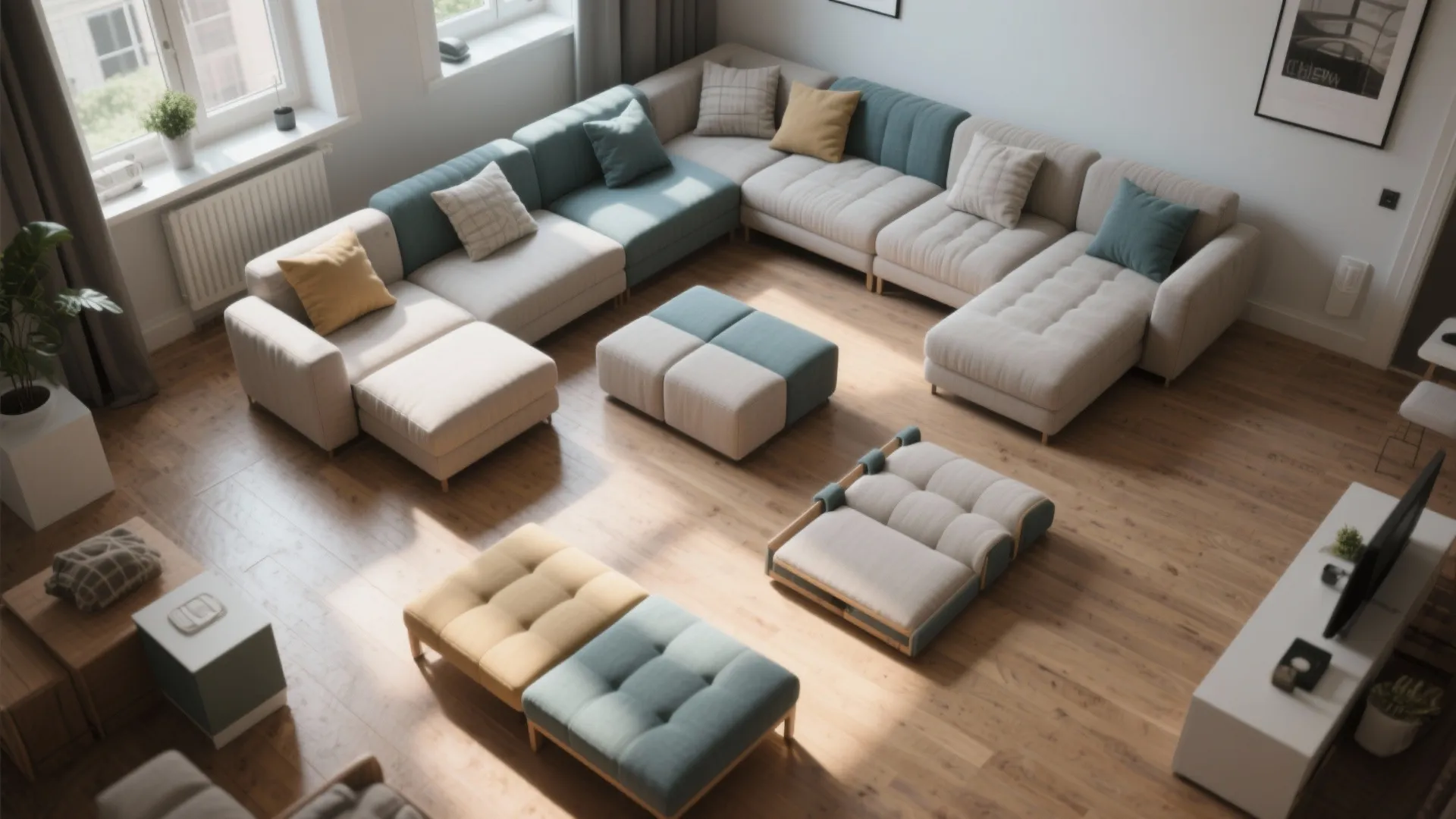 Spacious living room featuring a large modular sofa with blue plus yellow cushions and footrests