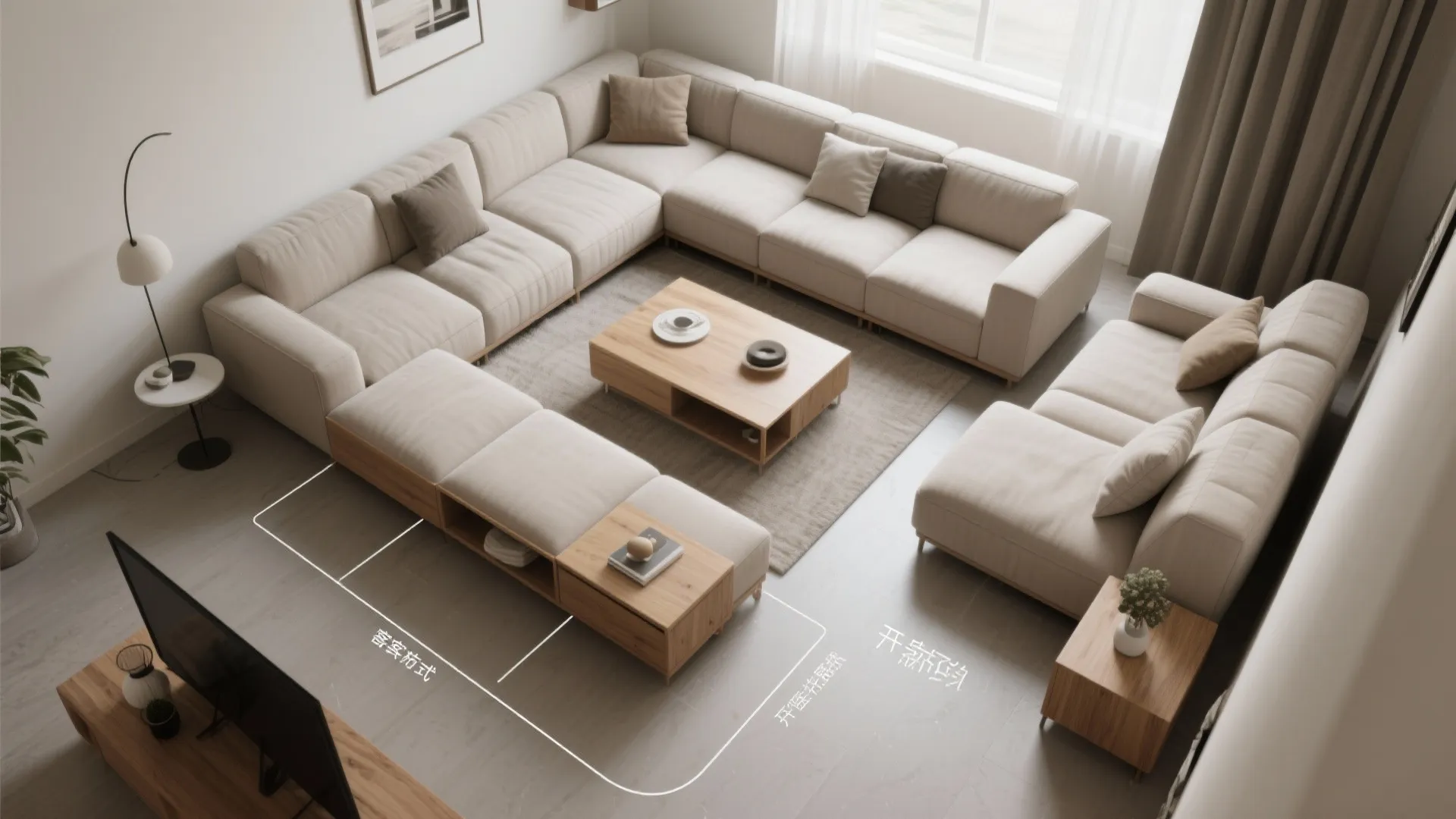 Interior design drawing showing top view of large sectional sofa around a wooden coffee table