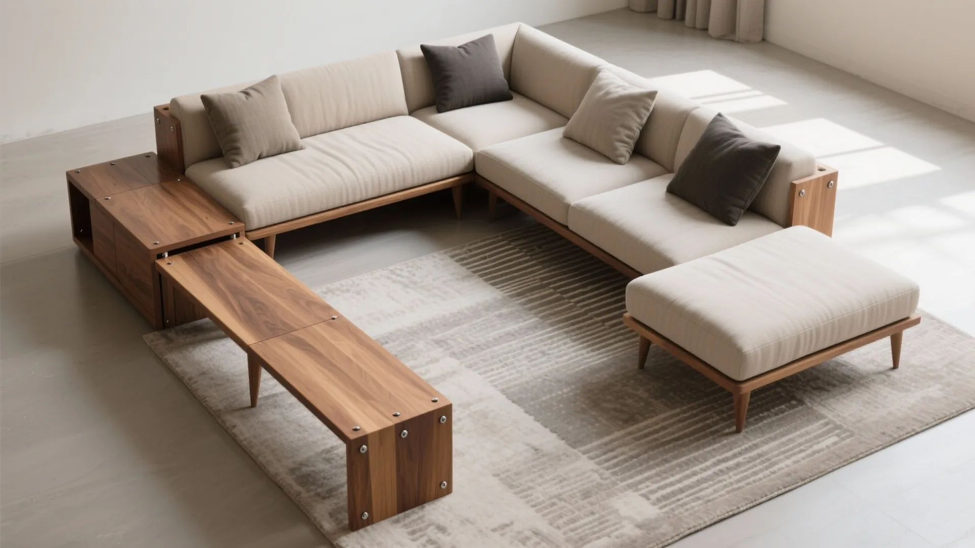 Modern modular sofa with wooden frame and grey pillows on a patterned rug near bench