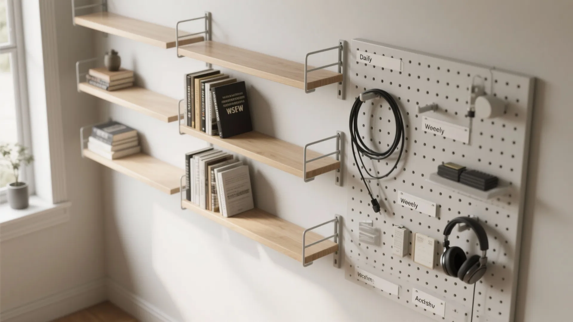 Wall mounted wooden shelves with books next to a white pegboard organizer holding studio headphones