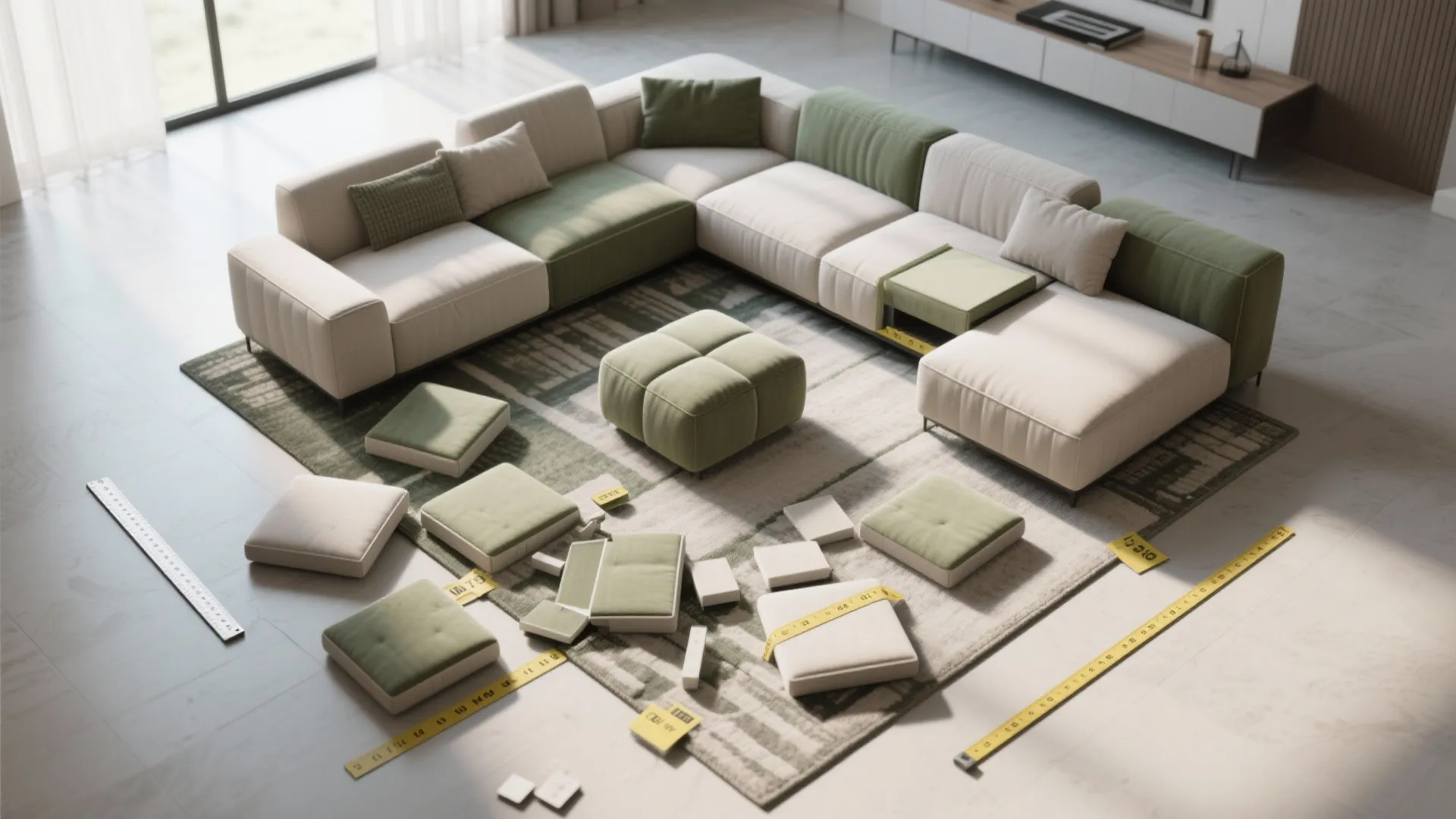 Modern modular sofa design with green and cream cushions and measuring tools on large rug