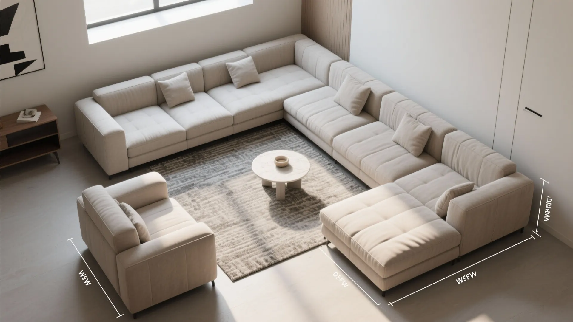 Top down view of modular beige sofa and round coffee table with white room dimension lines
