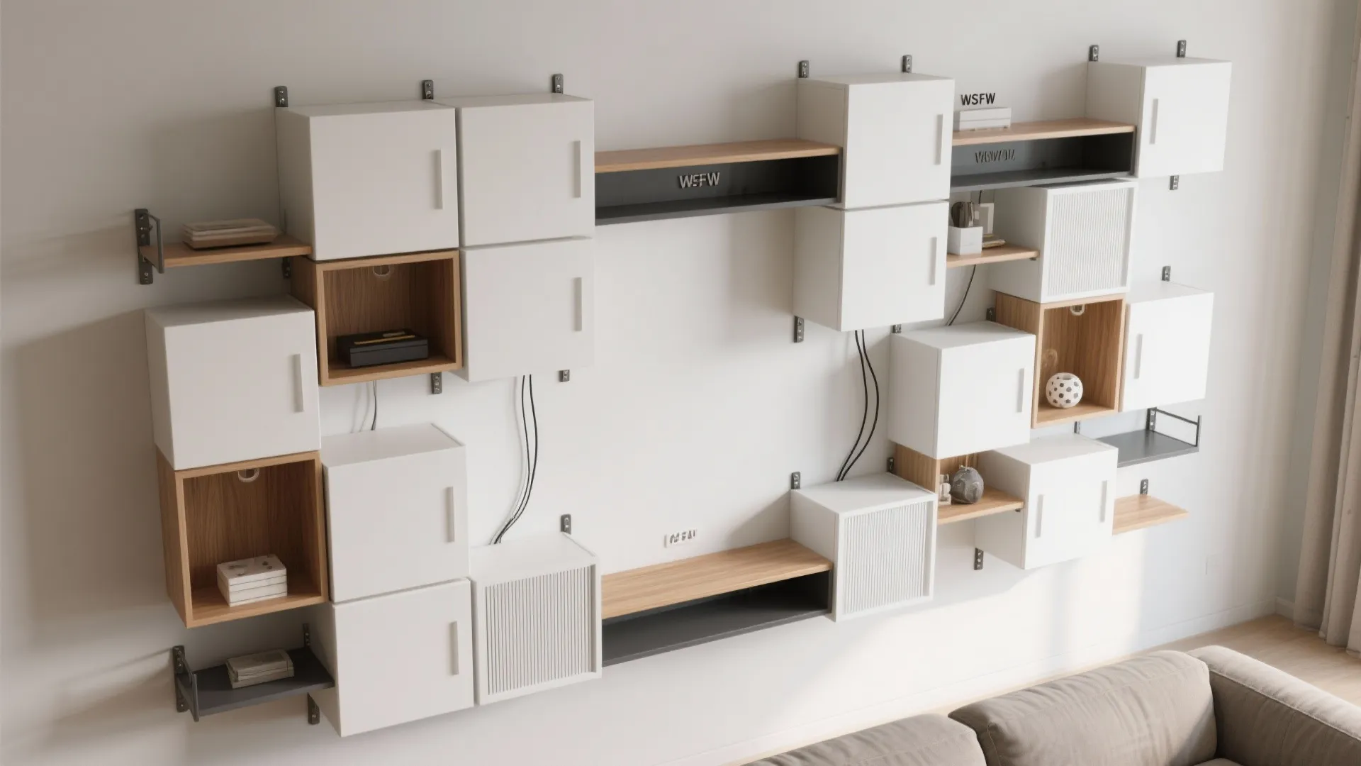 Modular wall storage system with white and wood cube cabinets and shelves on a wall