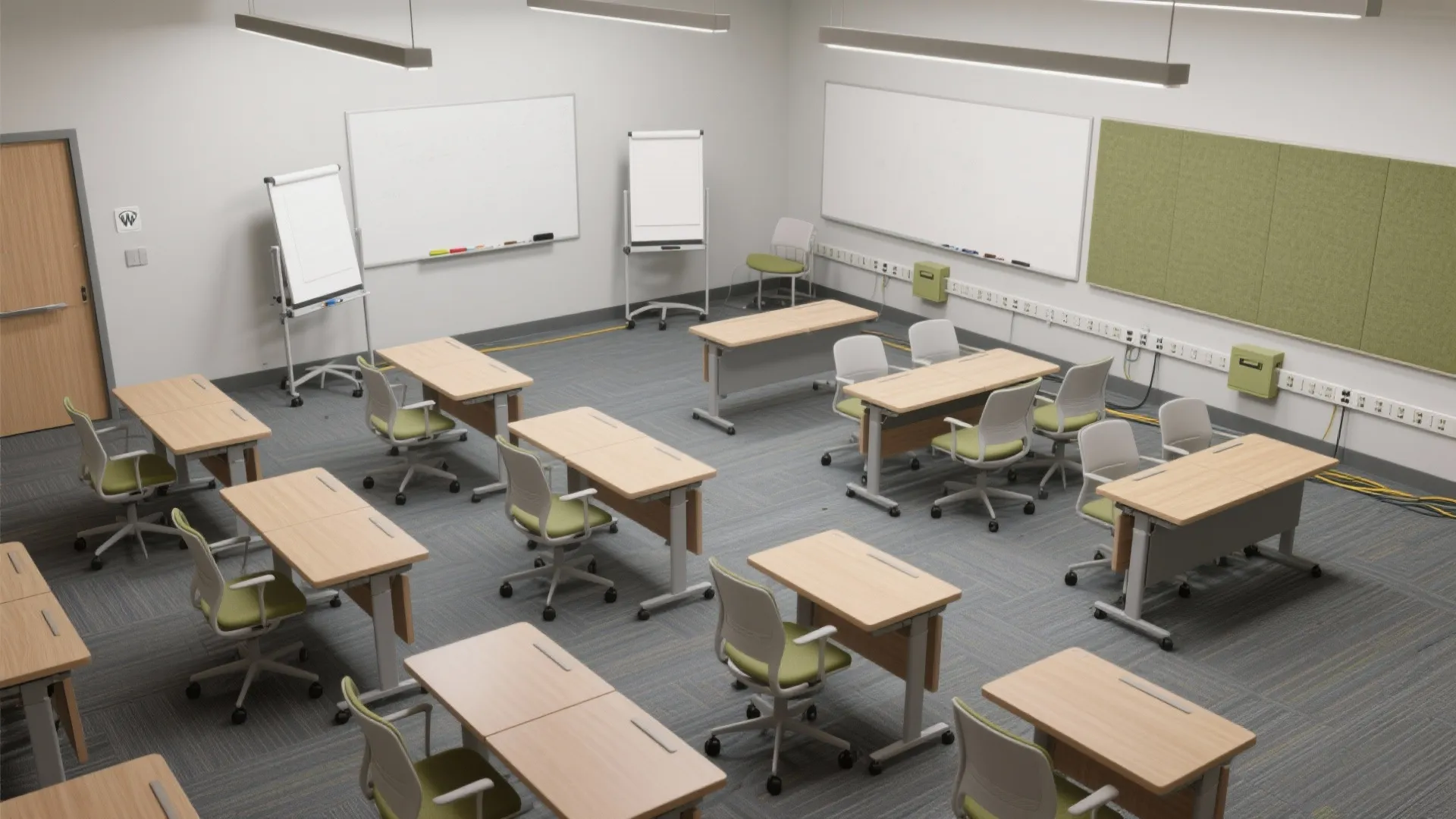 Top-down view of modular flip-top desks, nesting chairs, and mobile whiteboards with clean power management.