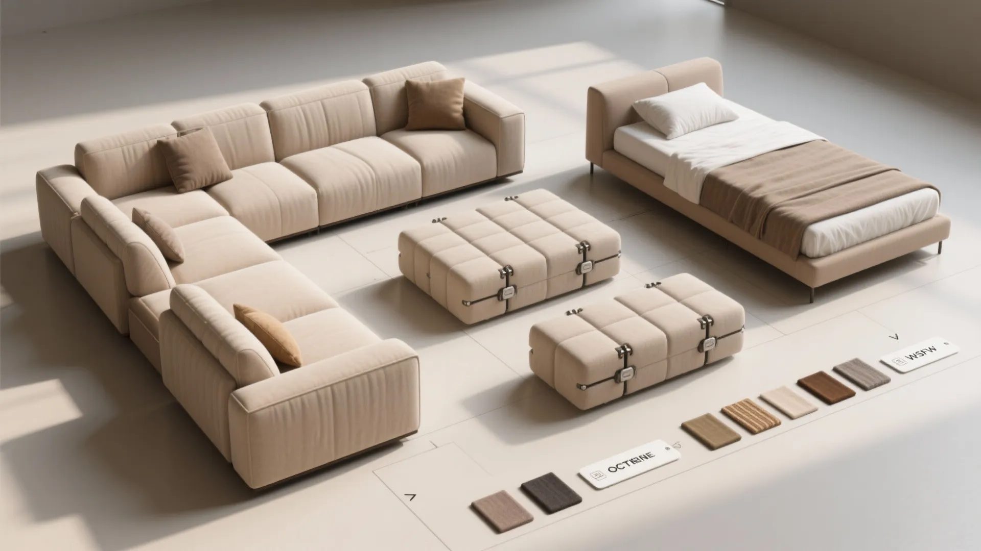 Top-down layout showing modular sectional pieces in multiple configurations with connectors and labeled modules for reconfiguration.