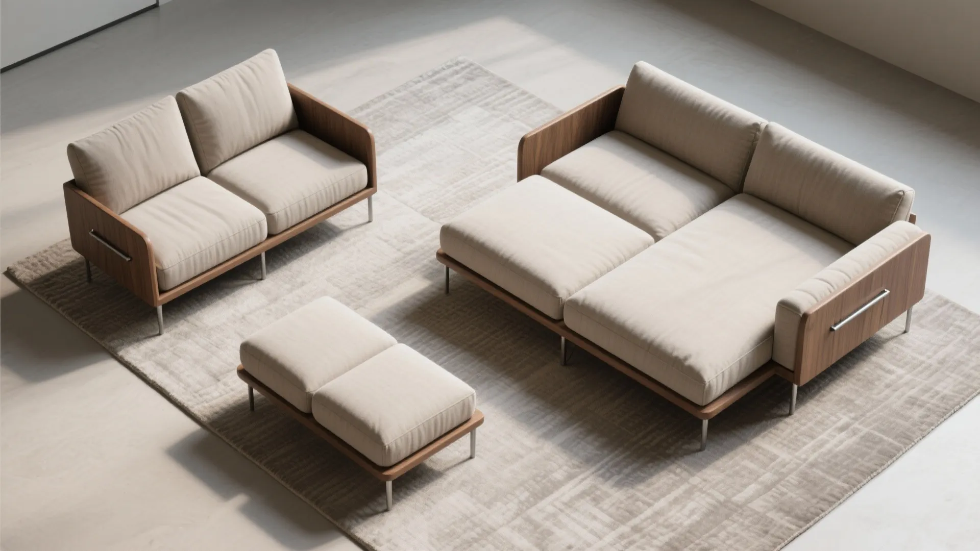 Top view of modular beige sofa set and footrest on grey rug with wooden frame details