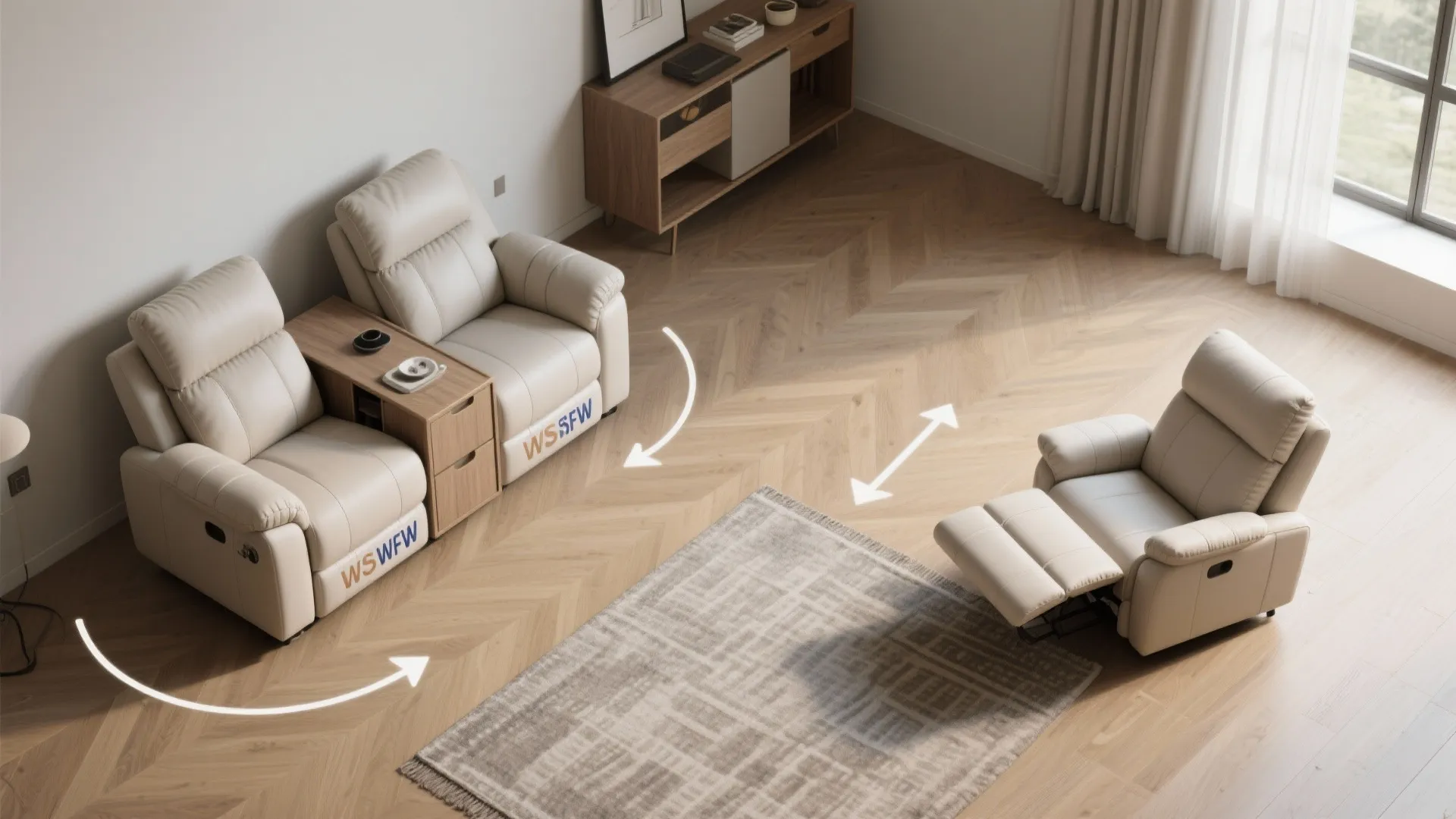 Top view of three white sofa chairs on a wooden floor showing different room layout positions