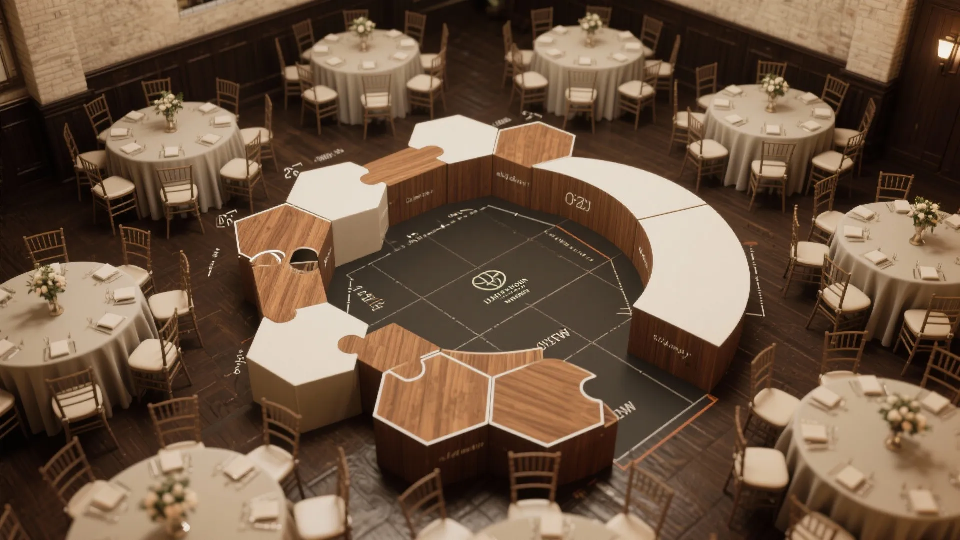 Top-down mockup of modular hexagon and half-moon tables fitted into an awkward corner to save space and keep a dance floor.