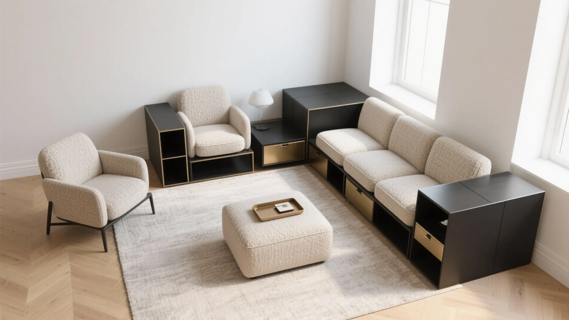 Modern modular living room with beige sofas black cabinets white rug footrest and natural light