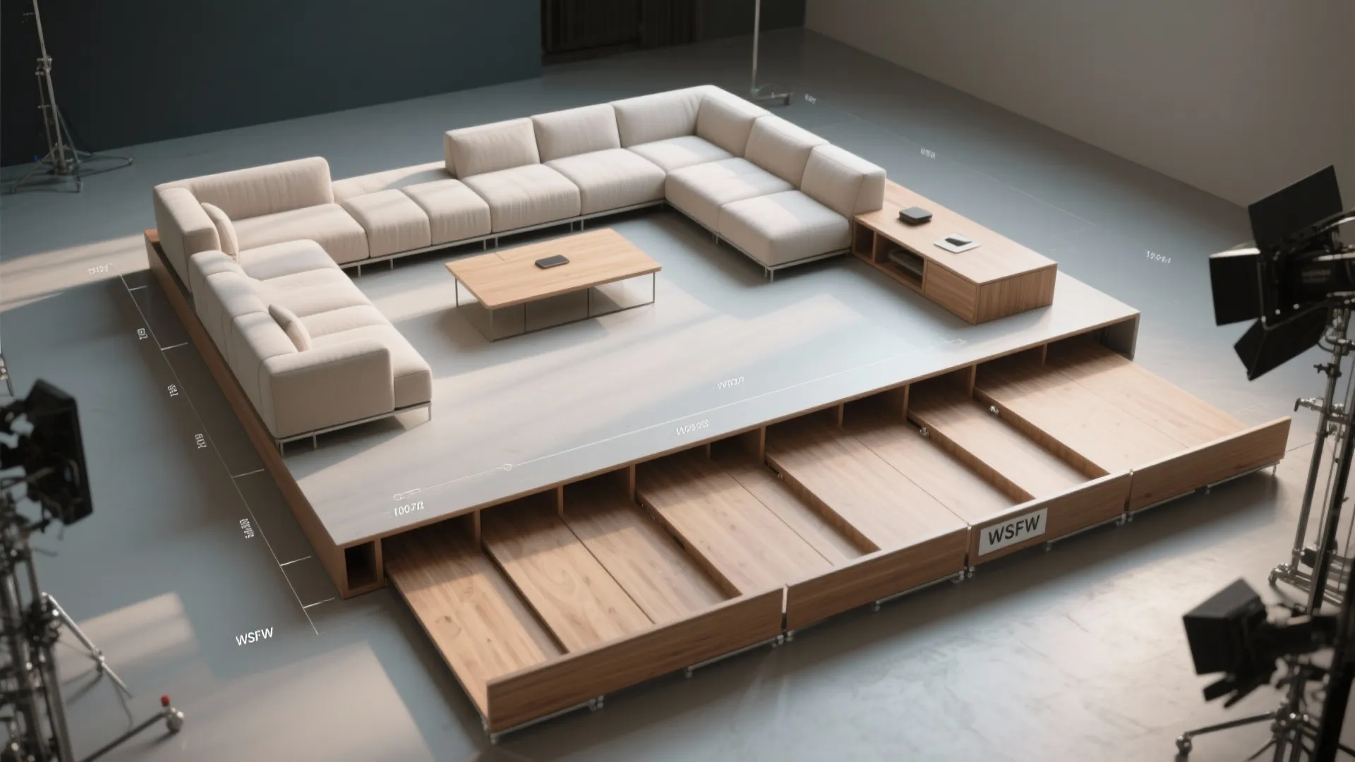 Modular white sectional sofa on a wooden platform with storage drawers coffee table and lights
